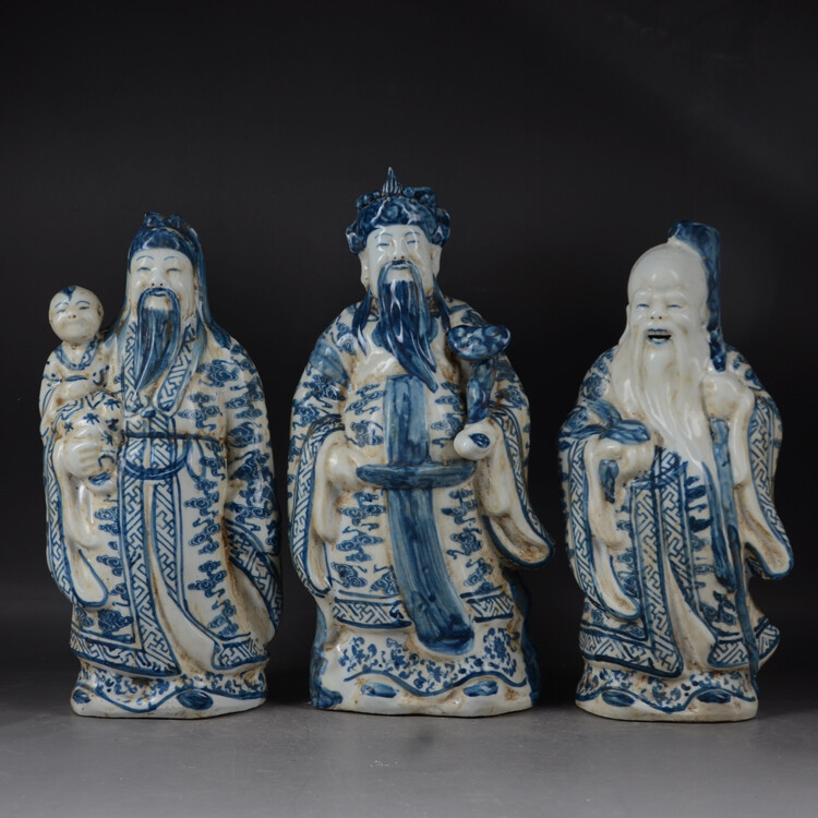 11″ China Blue and White Porcelain 3 Longevity God Fu Lu Shou Life Statues