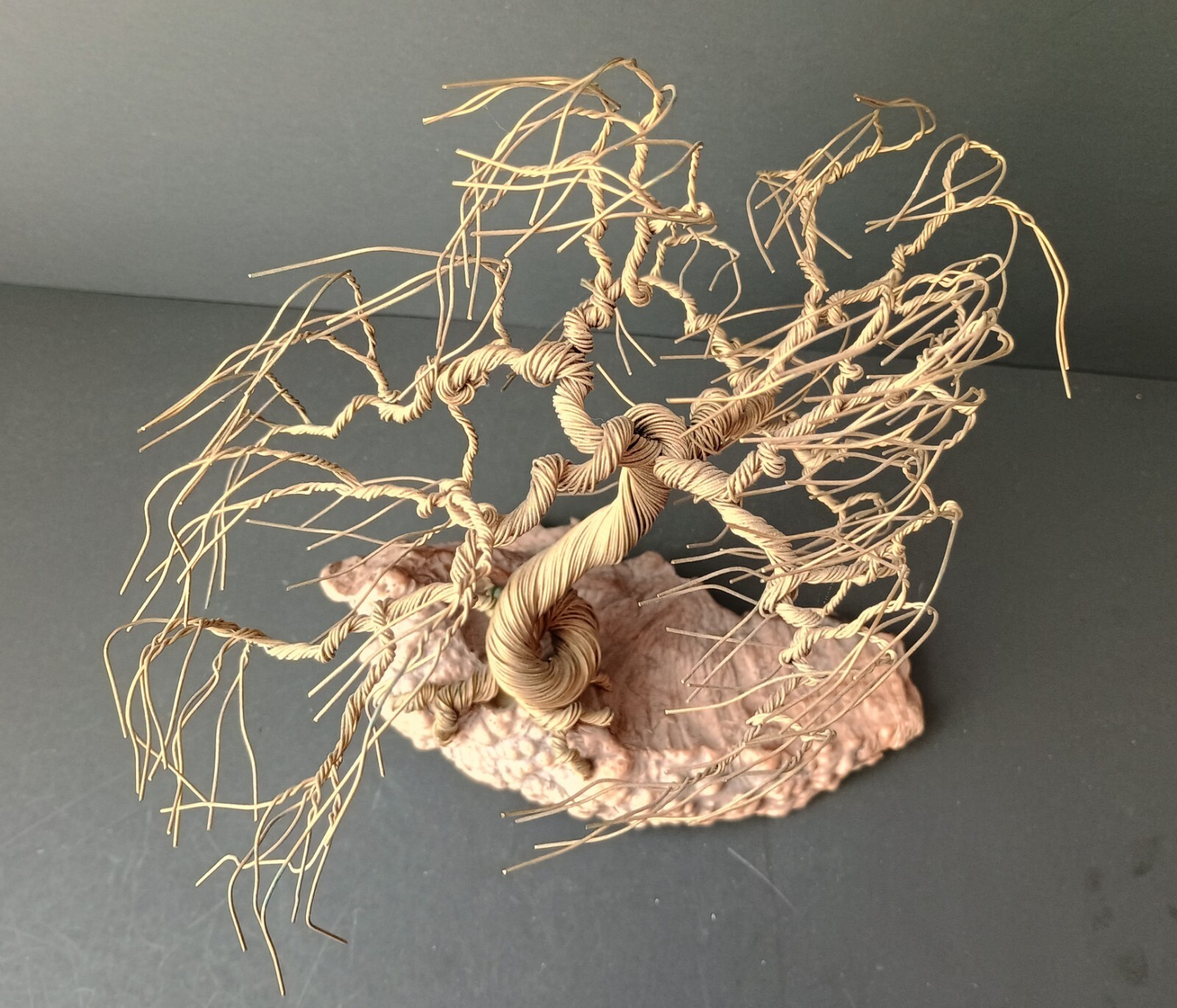 VTG Chinese Bonsai Tree Figurine, Brass on Wood, Unmarked, 8 1/2” L x 8” T