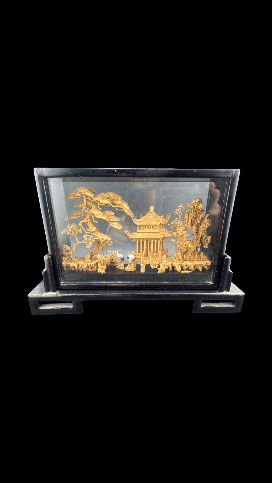 Vintage Chinese San You Cork Art Hand Carved Diorama Pagoda Cranes Trees