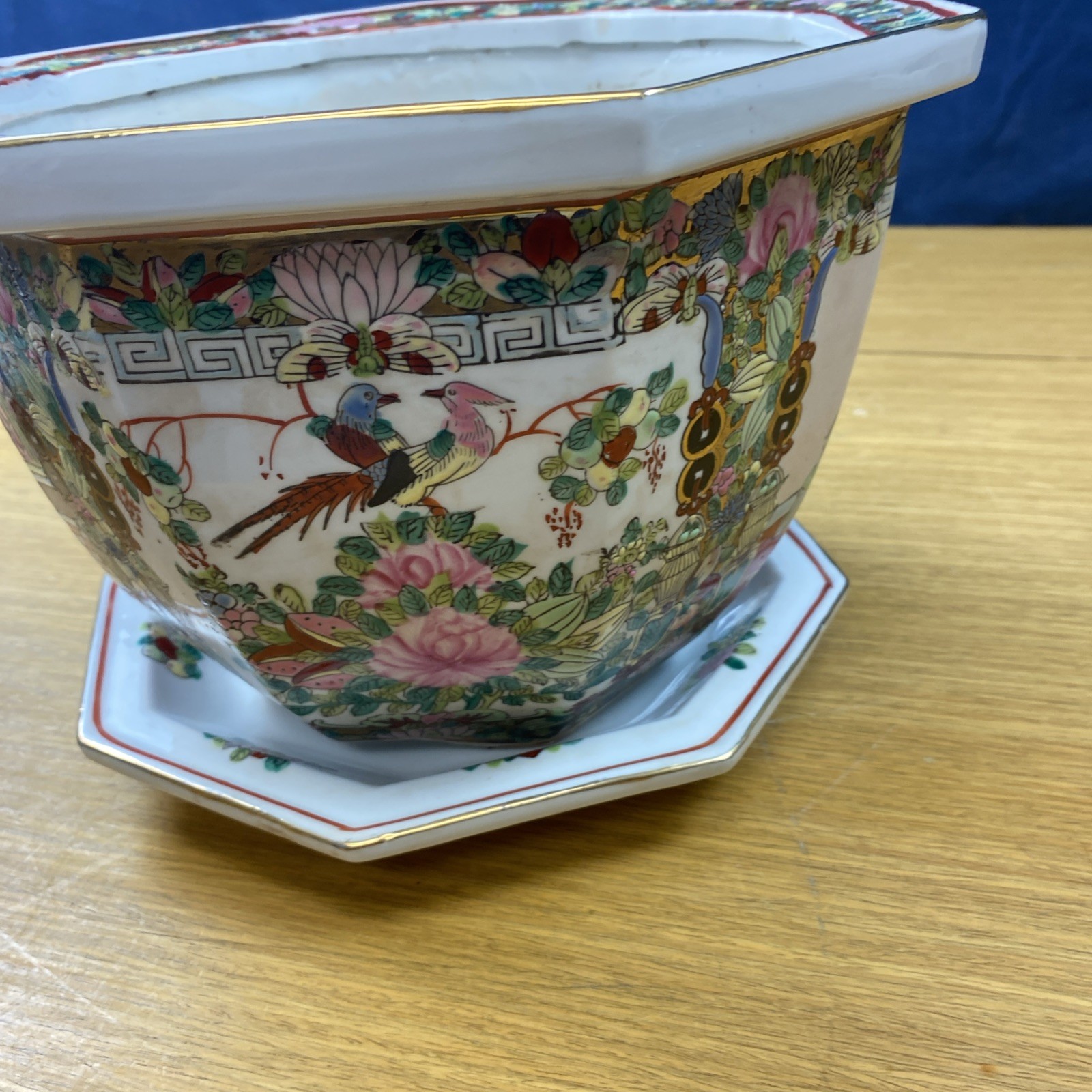 Vtg. Chinese Famille Rose Porcelain Planter & Underplate 7 1/2” Tall x 10 1/2”
