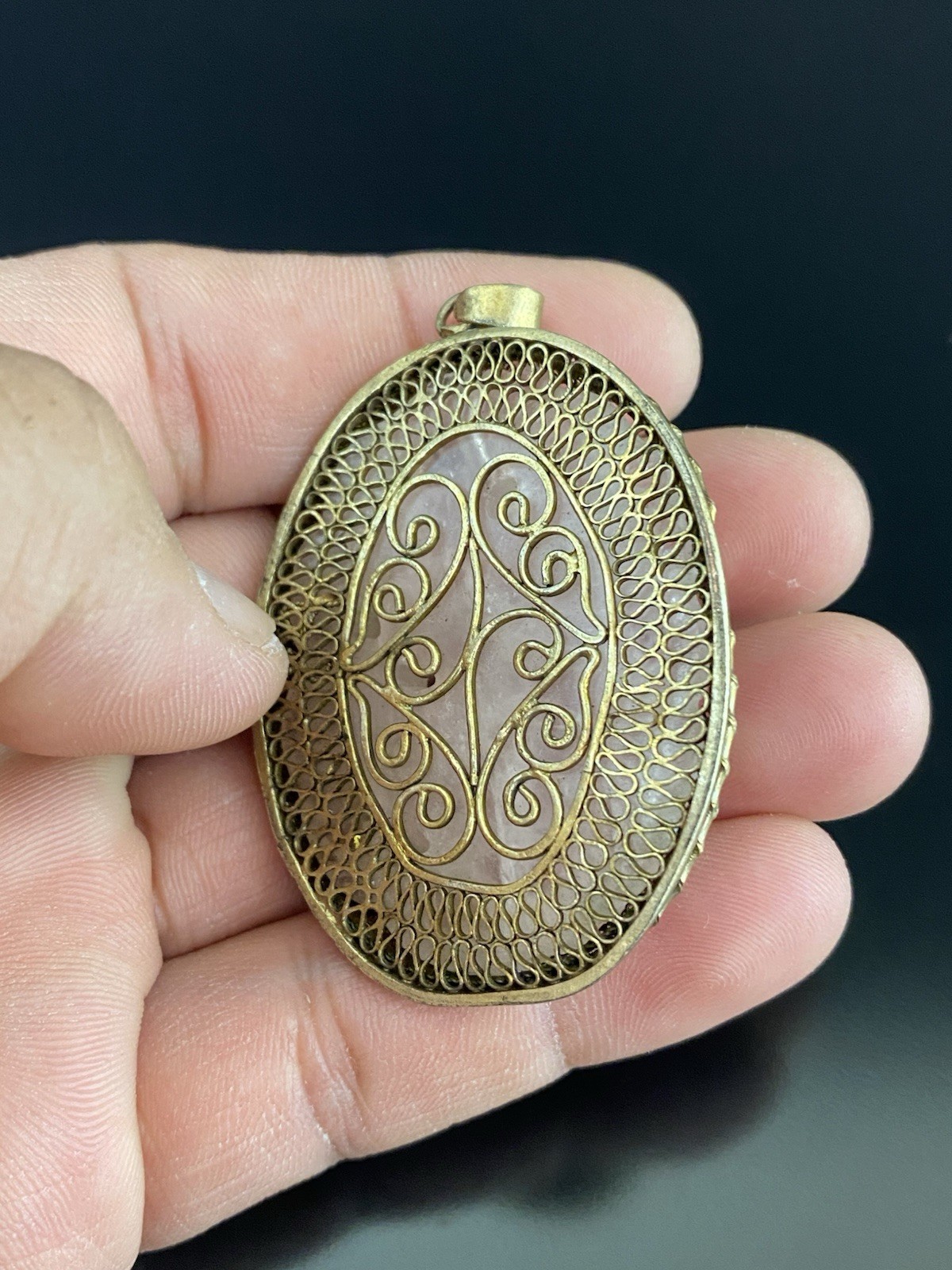 Chinese VTG Carved Pink Quartz Large Oval Intricate Sterling Filigree Pendant