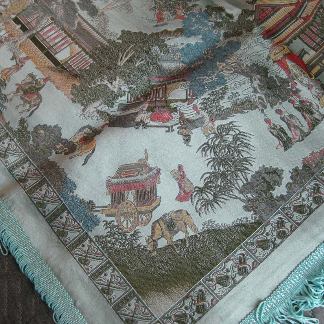 Vtg Asian Brocaded Flowers Silk Tapestry Fringed Tablecloth 40 by 60 In WWII Era