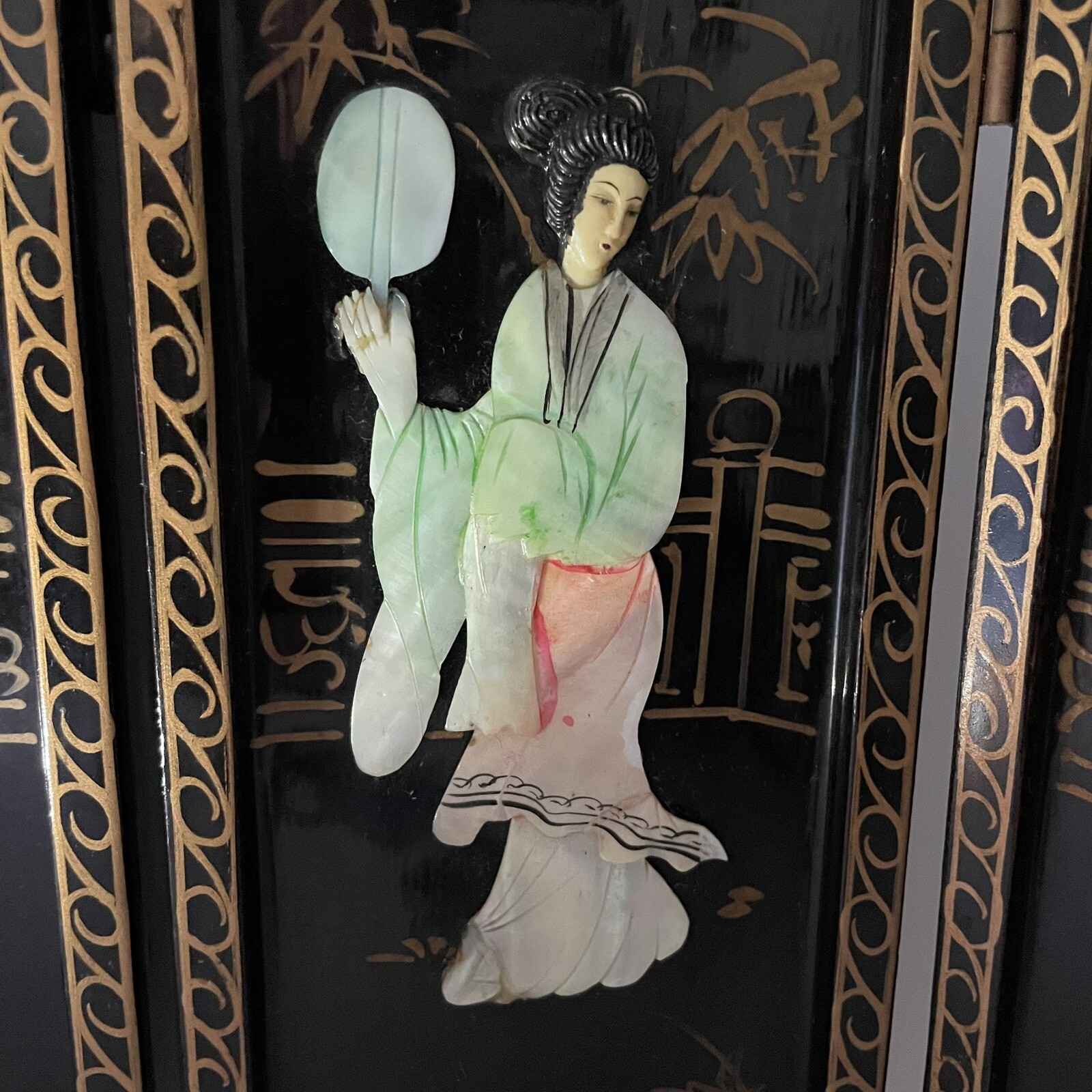 Vintage Oriental Black Lacquer Mother Of Pearl Geisha 4 Panel Screen 18”x14” SEE