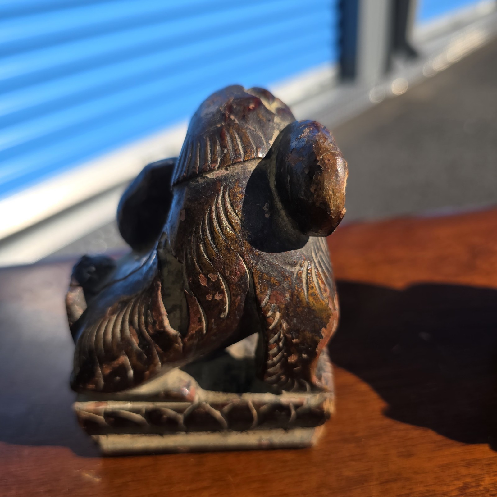 Pair of Vintage Chinese Carved Wood Foo Dogs Guardian Lions Statues Bookends 7″