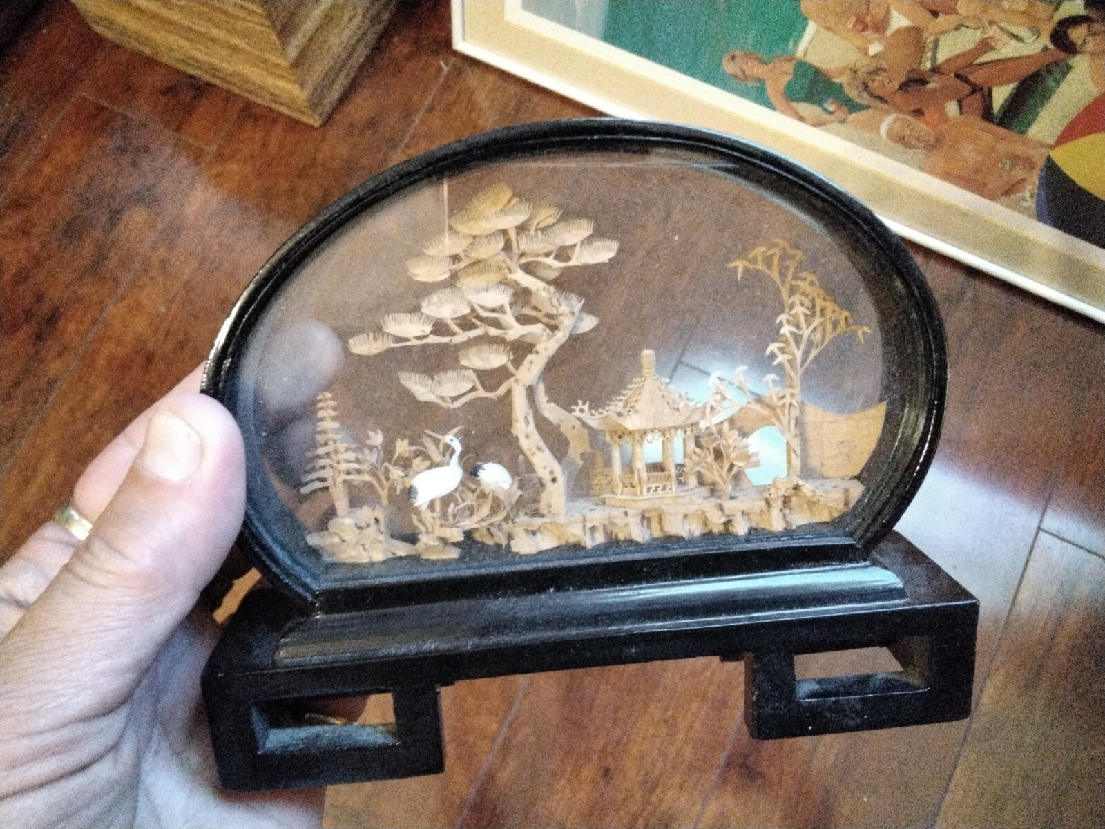 Chinese Lacquered Oval Hand Carved Cork Diorama, Pagoda Trees Cranes