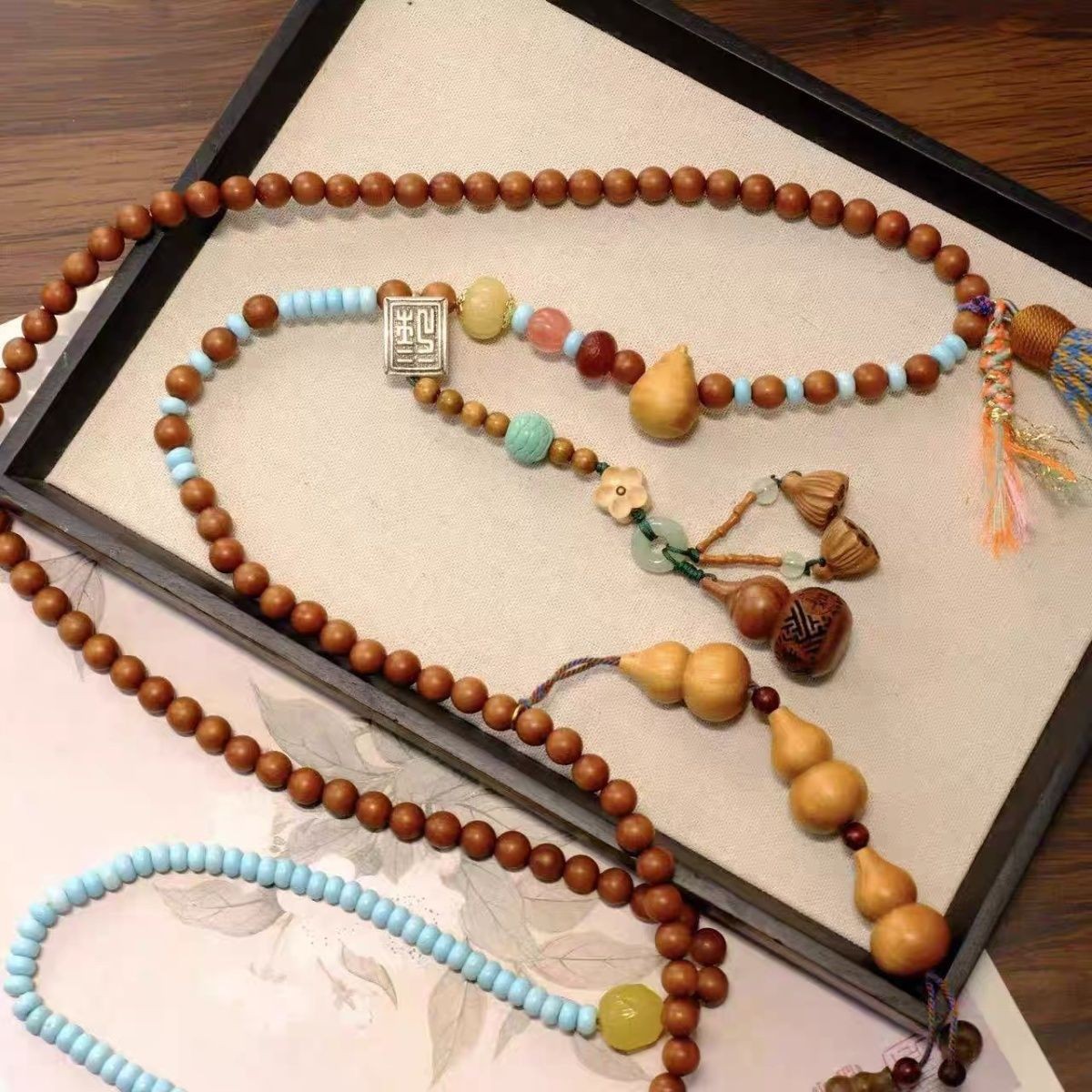 Chinese Style Sandalwood Beaded Crossbody Bag Strap Phone Lanyard