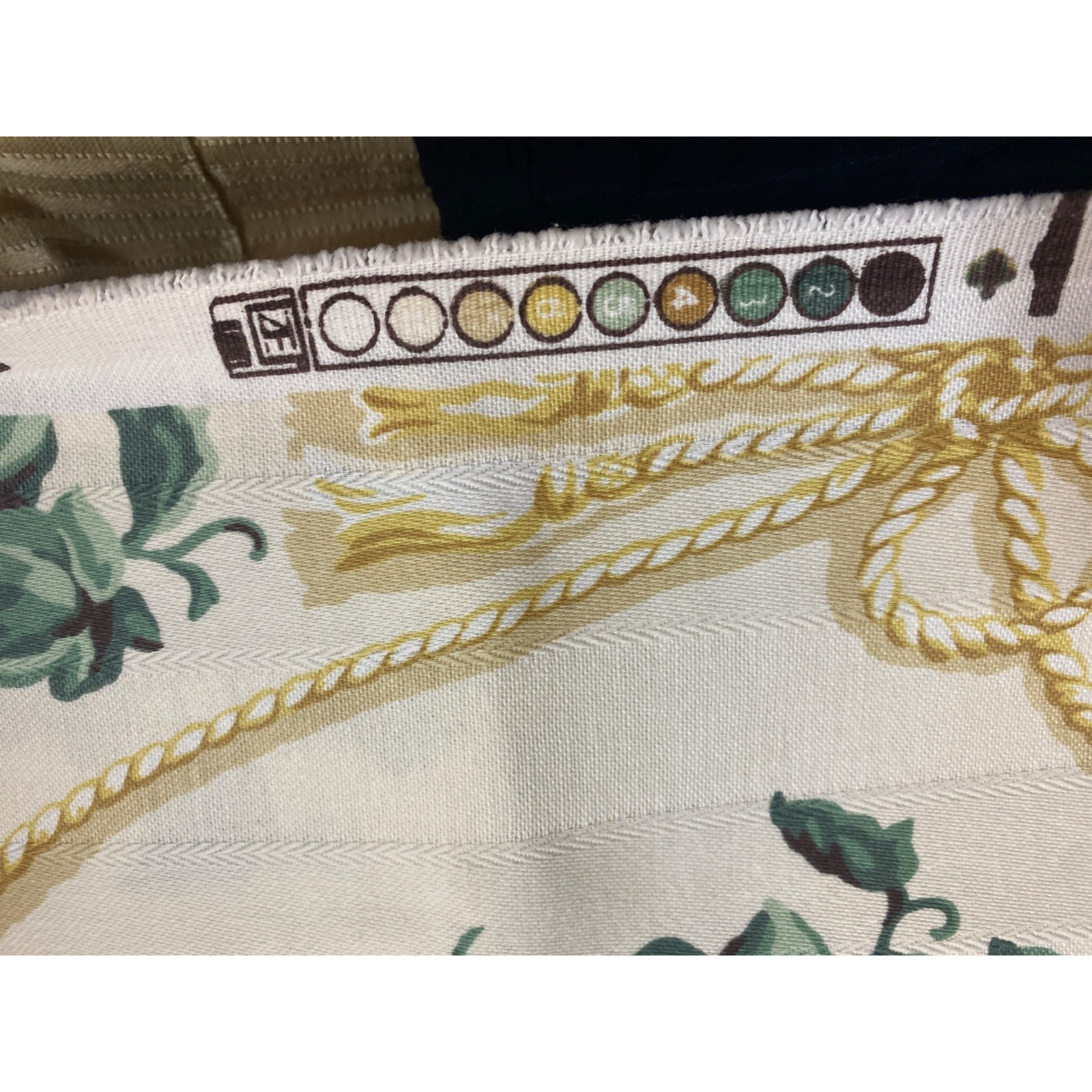 P. Kaufmann fabric pale yellow green ivy leaves white rope Cord Tassels 54″x200″