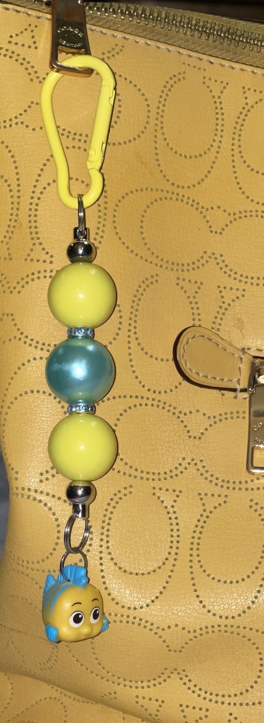 Purse Charm Clip Keychain w Yellow & Aqua Glass Beads Flounder Fish 6.5 in. New