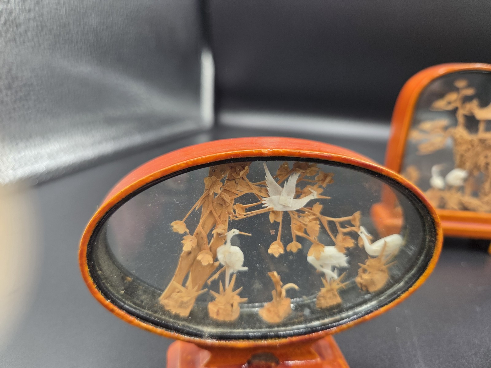 Vintage Asian Carved Cork Diorama Art In Wood/Glass Shadow Boxes 5 pieces