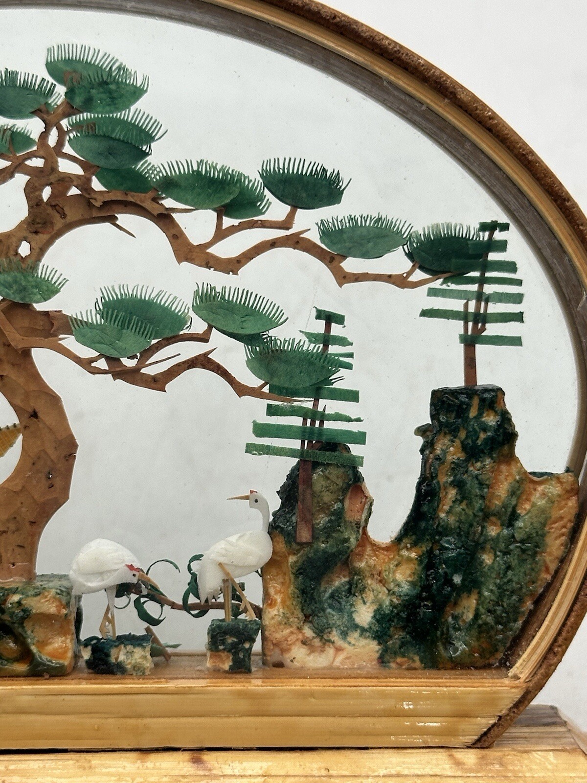 Vintage Oval Chinese Hand Carved Rock Cork And Paper Diorama Wood Tone Frame 3D