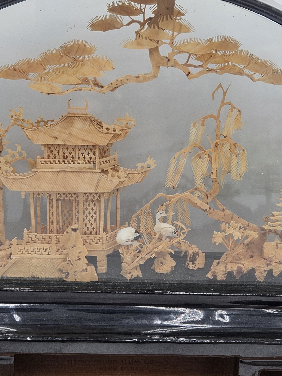 Vtg San Diorama Cork HandCarved W/ Pagoda Trees & Cranes In Glass Case