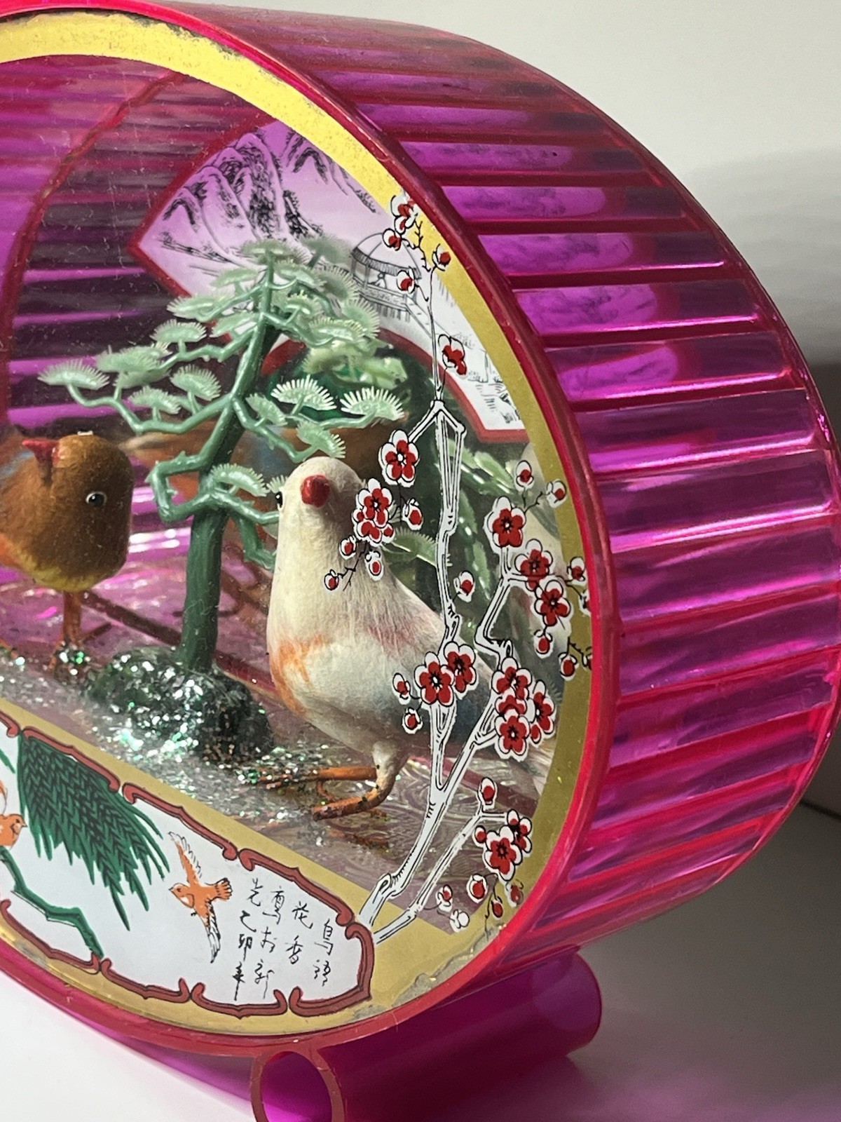 Pink Plastic Oval Case Diorama Birds Tree Mirrored Made in Hong Kong