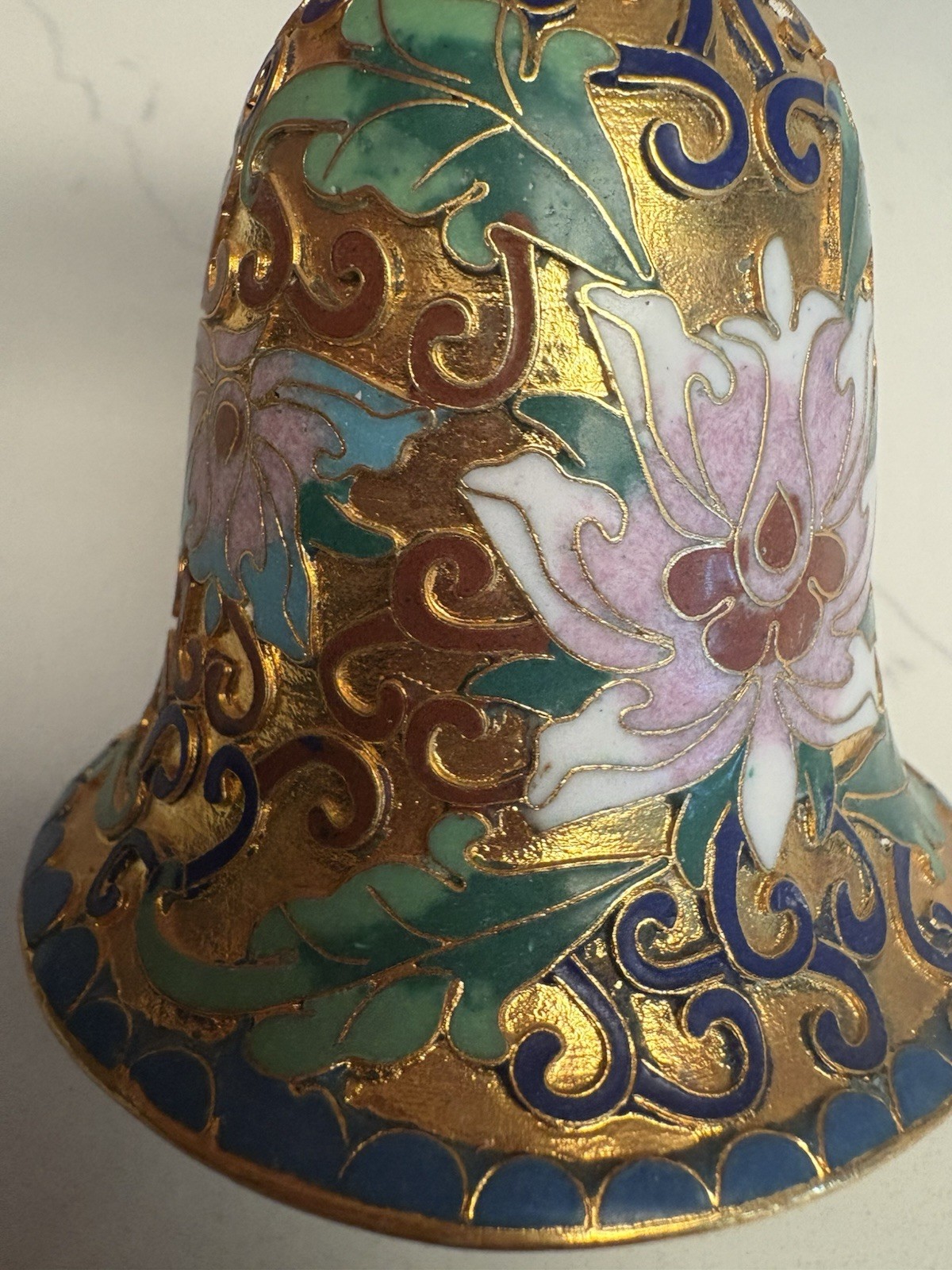 Vintage Chinese Cloisonne Enamel Floral Gold Metal Bell