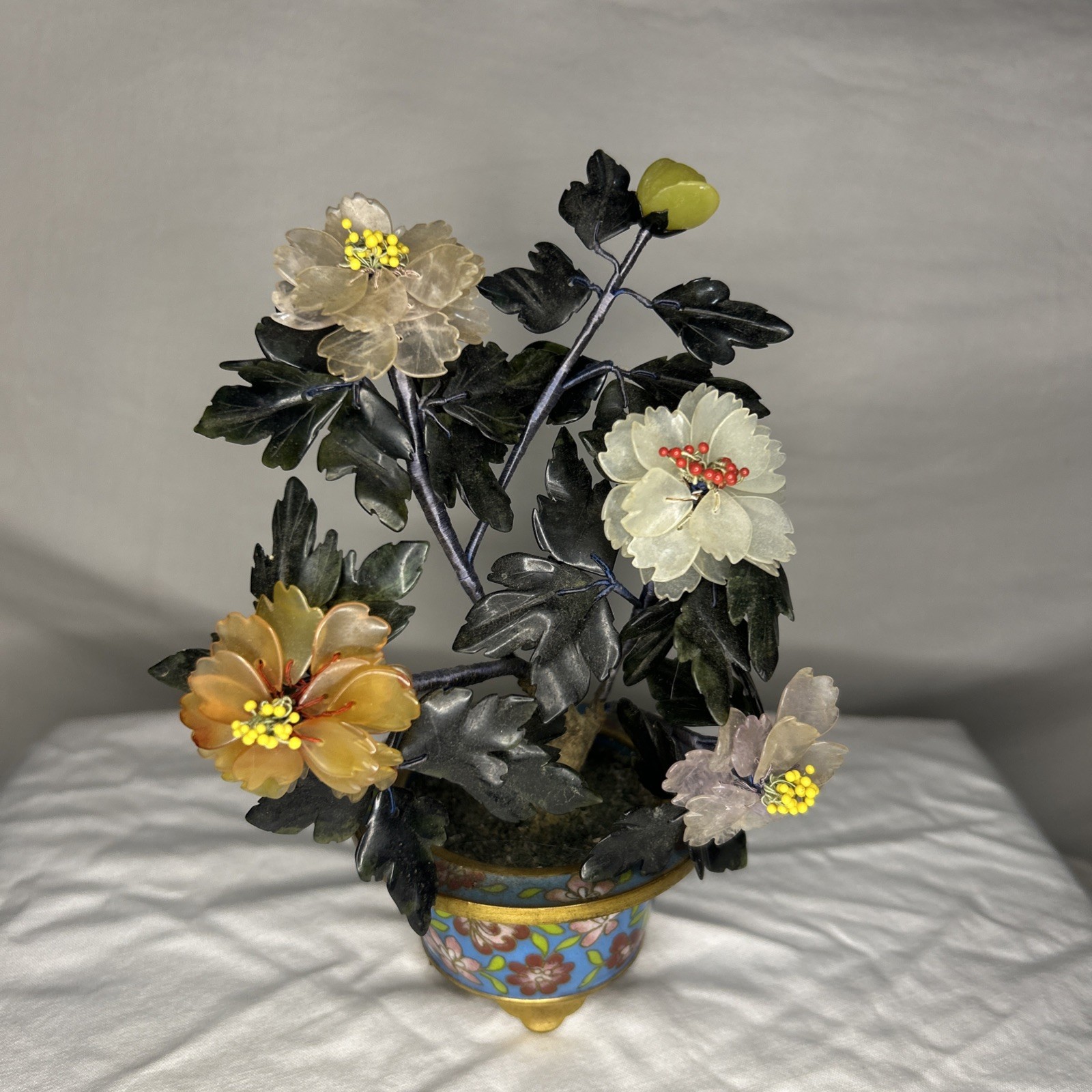 Vintage Chinese Jade Bonsai Tree Sculpture in Cloisonné Enamel Pot Iris Apfel