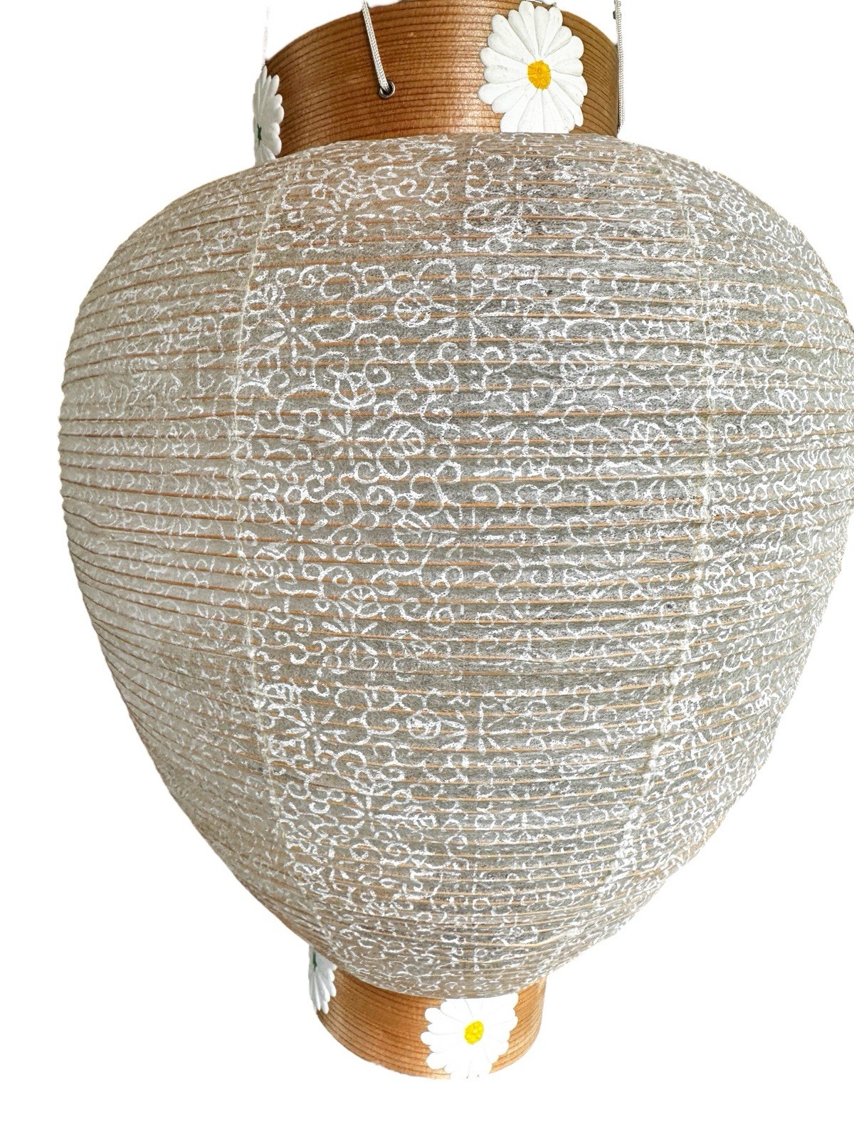 Vintage Chinese Paper Lantern White Daisy Floral Tassels Large Neutral
