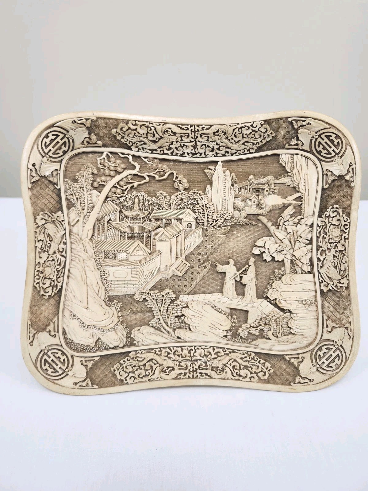 Vintage Asian Carved Look Resin Tray Landscape Figures Scene 14″ x 12″ Chinese