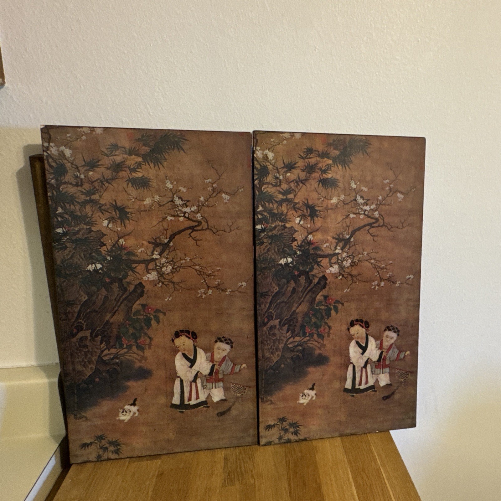 Chinese-Style Painted Wood Panel Pair Wall Art, Children Under Blossom Tree