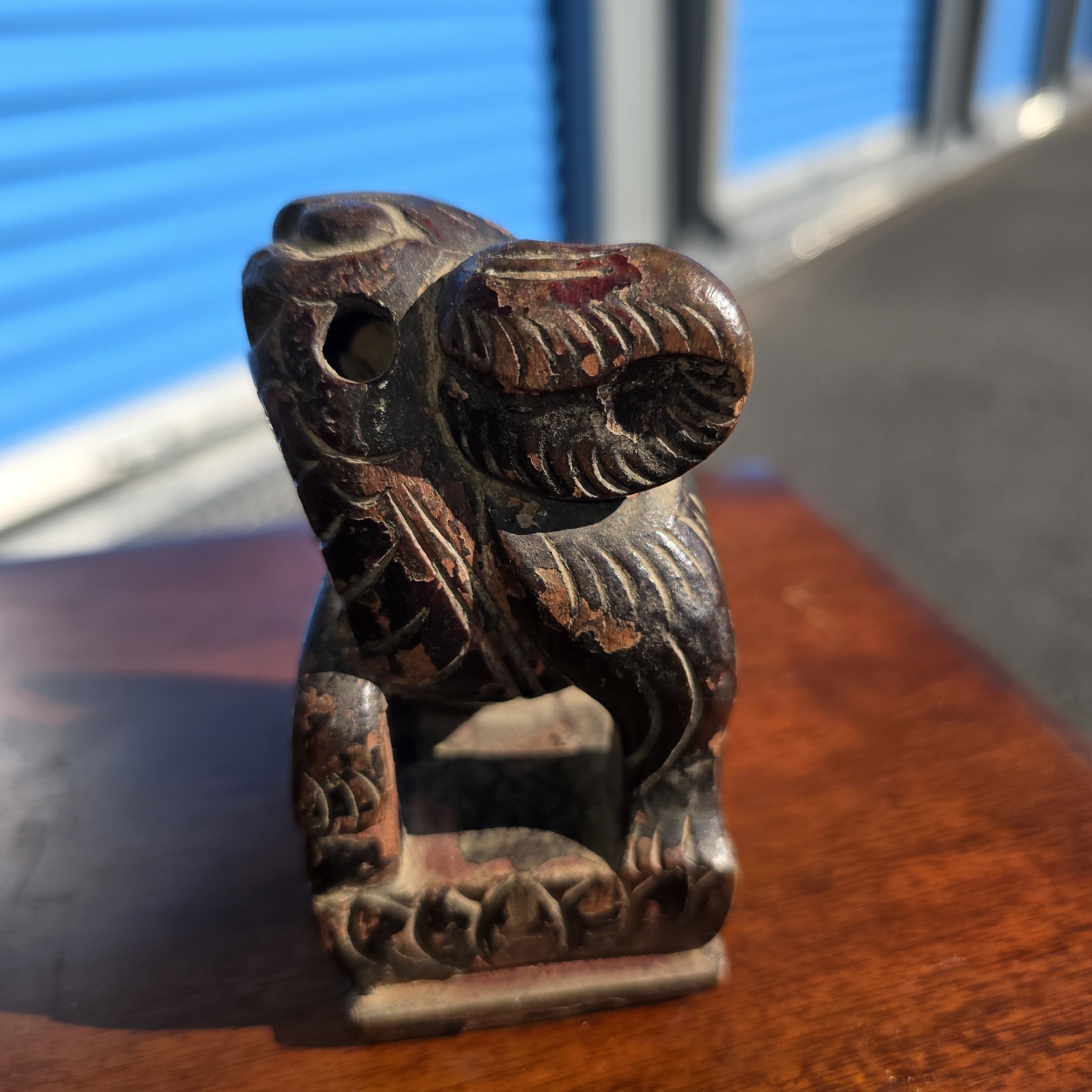 Pair of Vintage Chinese Carved Wood Foo Dogs Guardian Lions Statues Bookends 7″