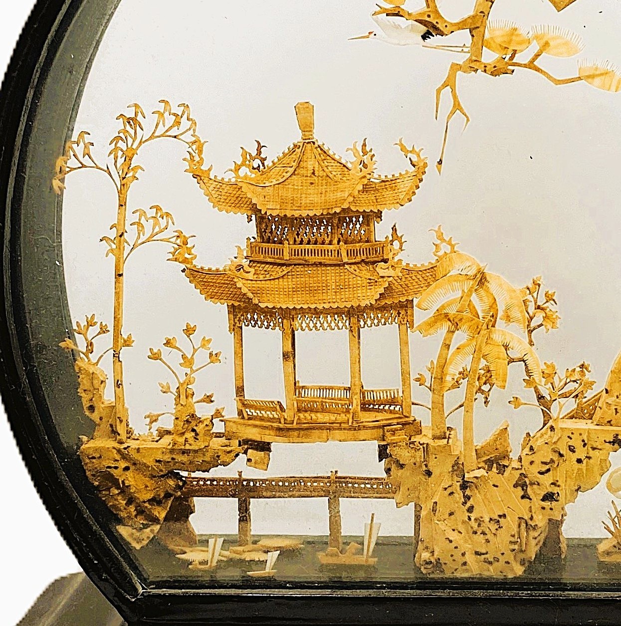 Vintage Chinese Cork Art Carving Diorama Pagoda Landscape Black Frame
