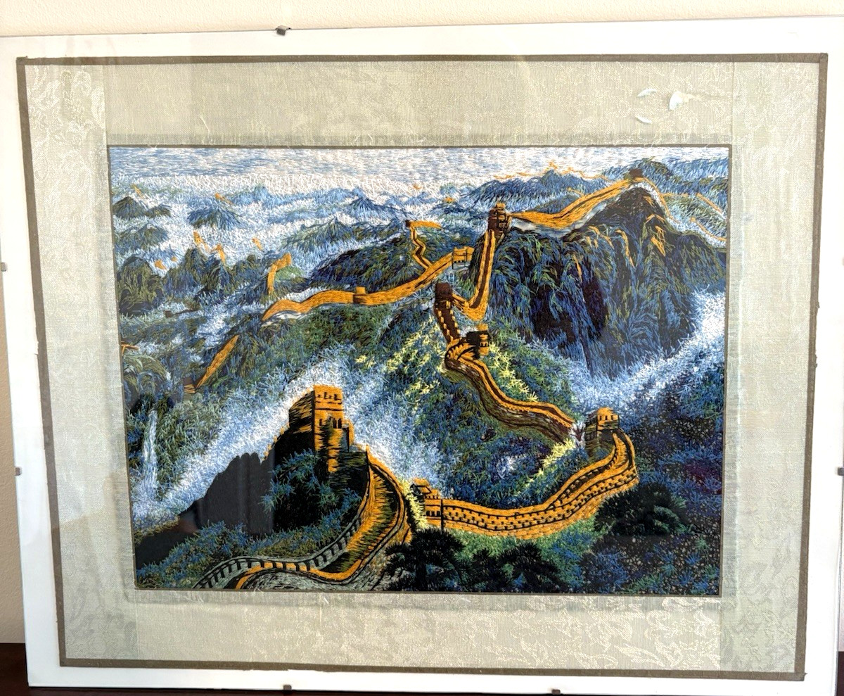 Chinese Asian 100% Silk Tapestry Embroidery Great Wall Plexiglass Mount