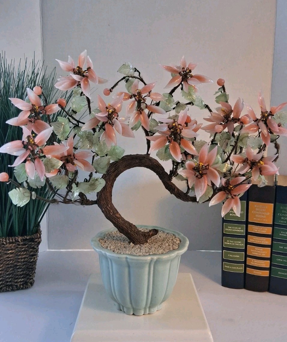 Vtg! XL Asian Bonsai Jade Glass & Coral Color Quartz Flowering Tree;14.5″x 13.0″