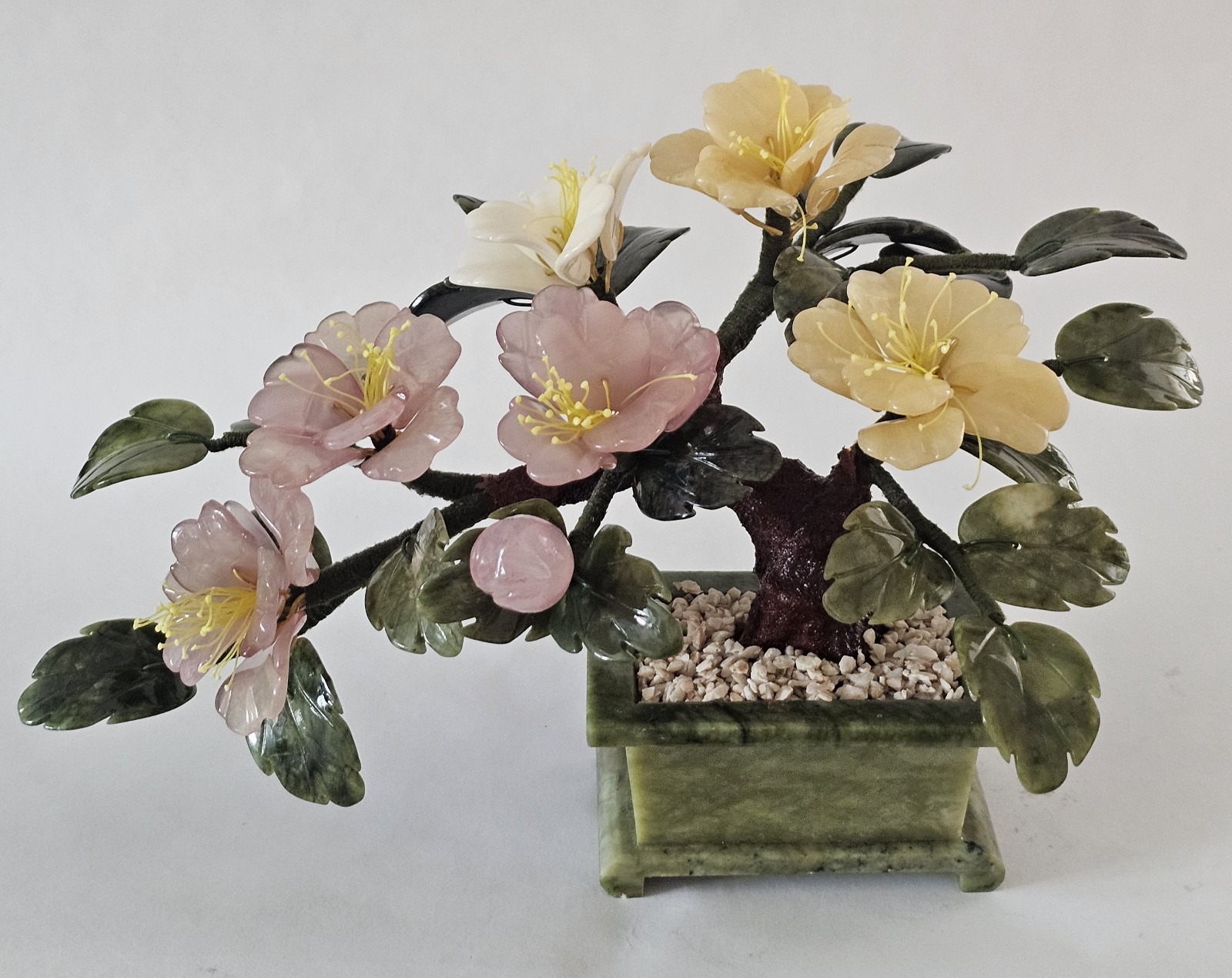Vintage Chinese Jade Agate Floral Flower Tree Bonsai Sculpture 14″x9″x7″