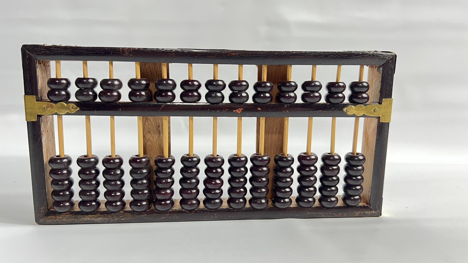 Vintage Chinese Abacus Reddish Wood 13 Rows 91 Beads Lotus Flower Brand 14.5”