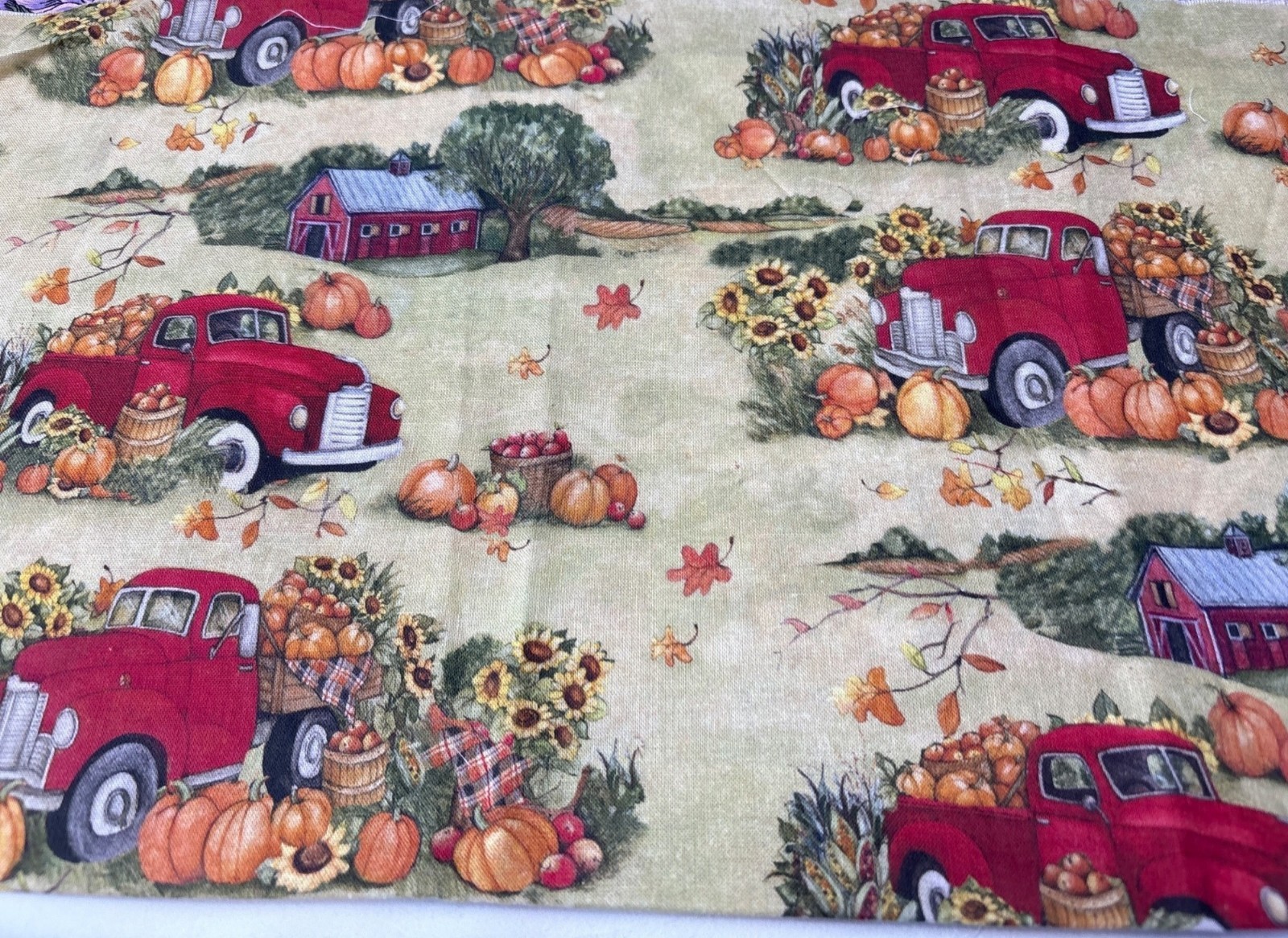 Farm-Themed 16×18″ Cotton Autumn Fabric Red Pickup Trucks Pumpkins Sunflowers