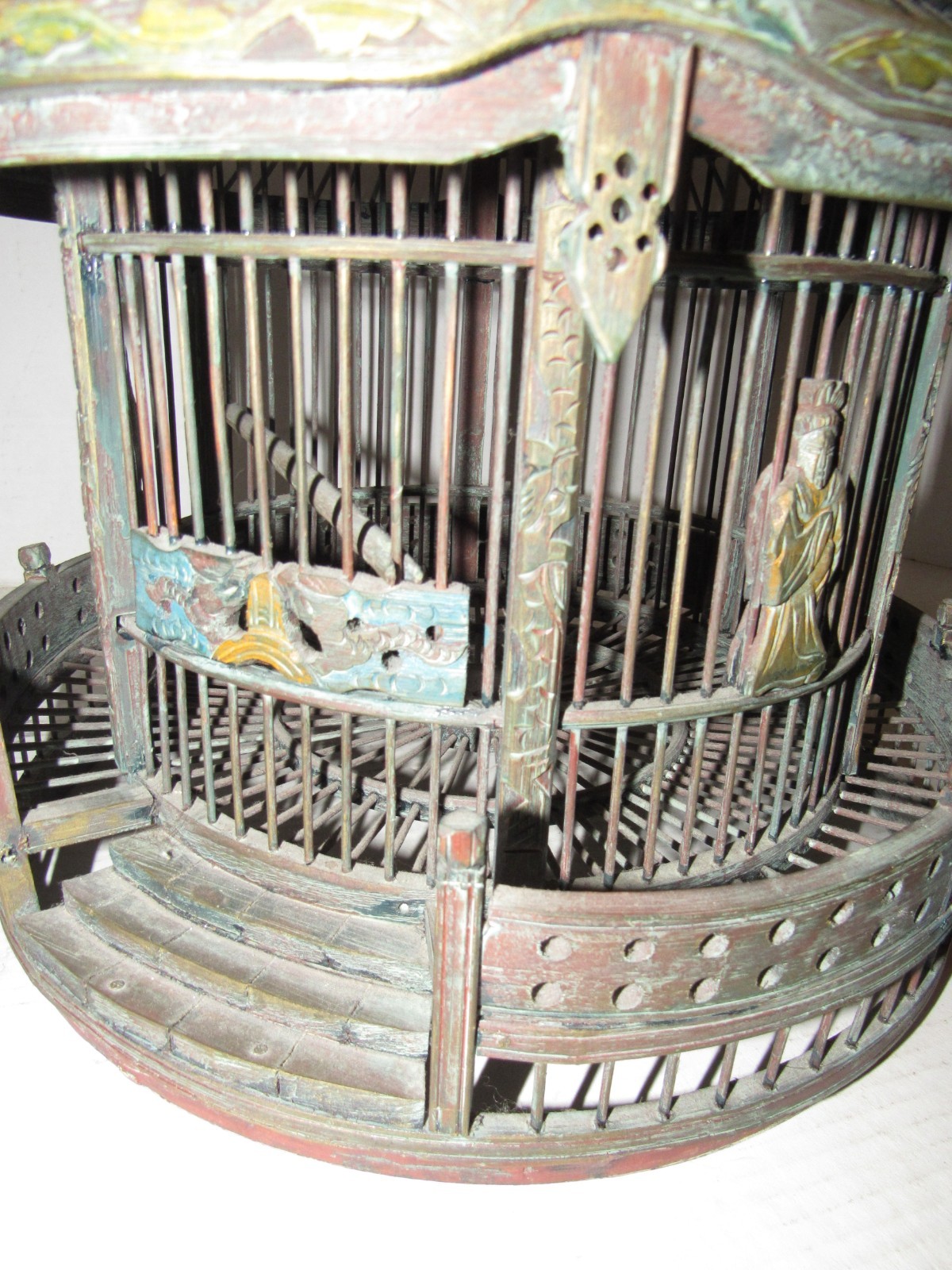 Vintage Chinese Wood Carved Pagoda Bird Cage, Oriental Geisha, Round