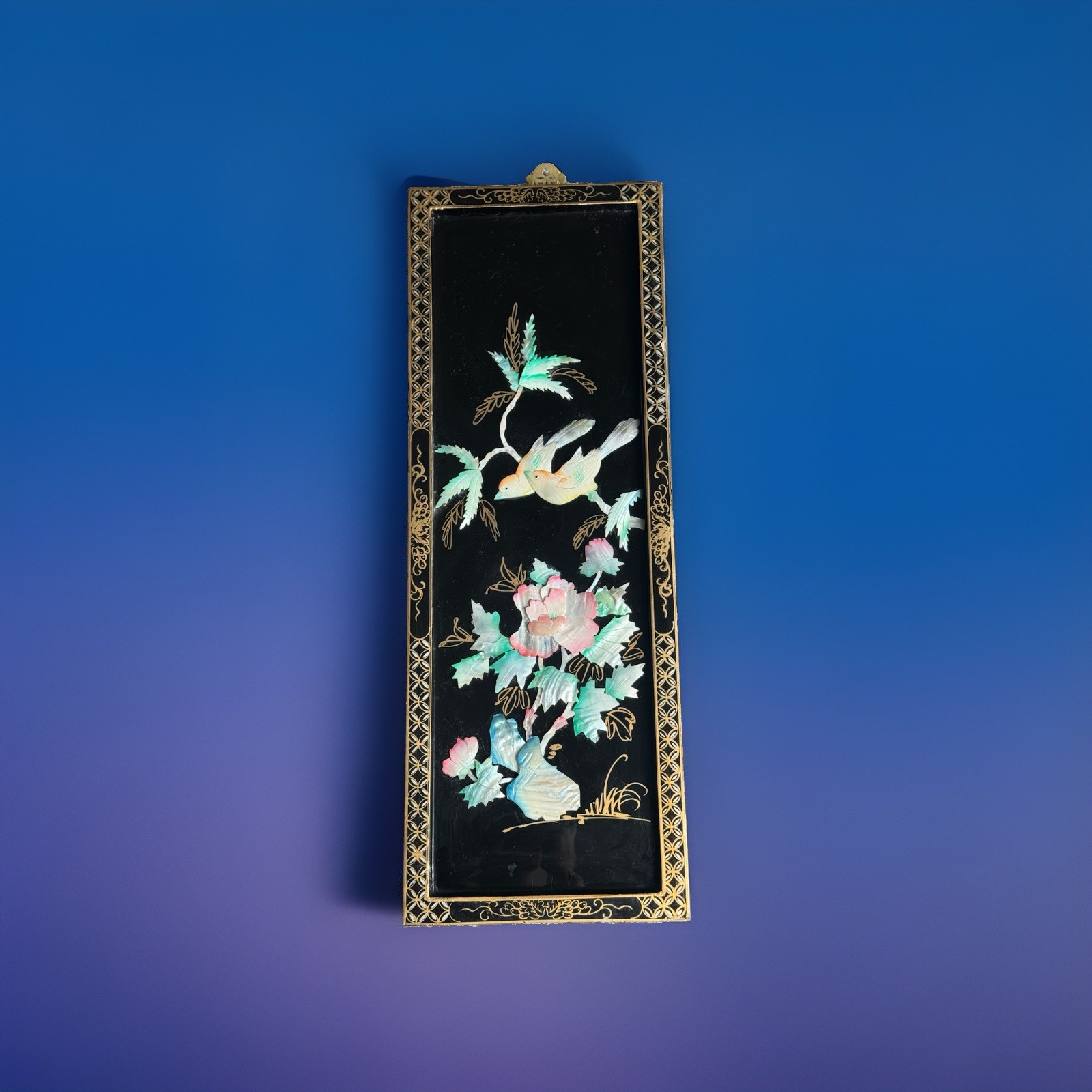 Vintage Chinese Black Lacquer Mother of Pearl Inlay Wall Panel Birds & Flowers