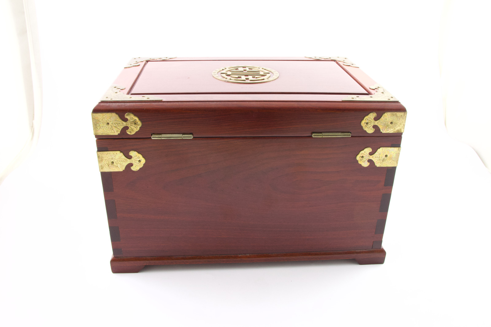 Large Chinese Rosewood & Brass 2 Drawer Flip Top Jewelry Box Longevity Symbol