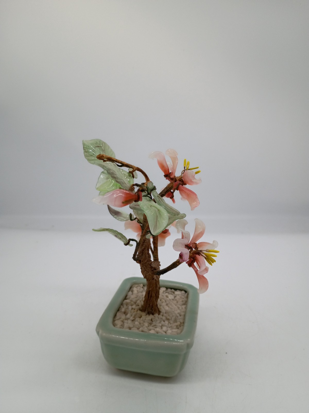 Chinoiserie Green Jade & Pink Rose Quartz Faux Bonsai Tree in Celedon Planter 7″