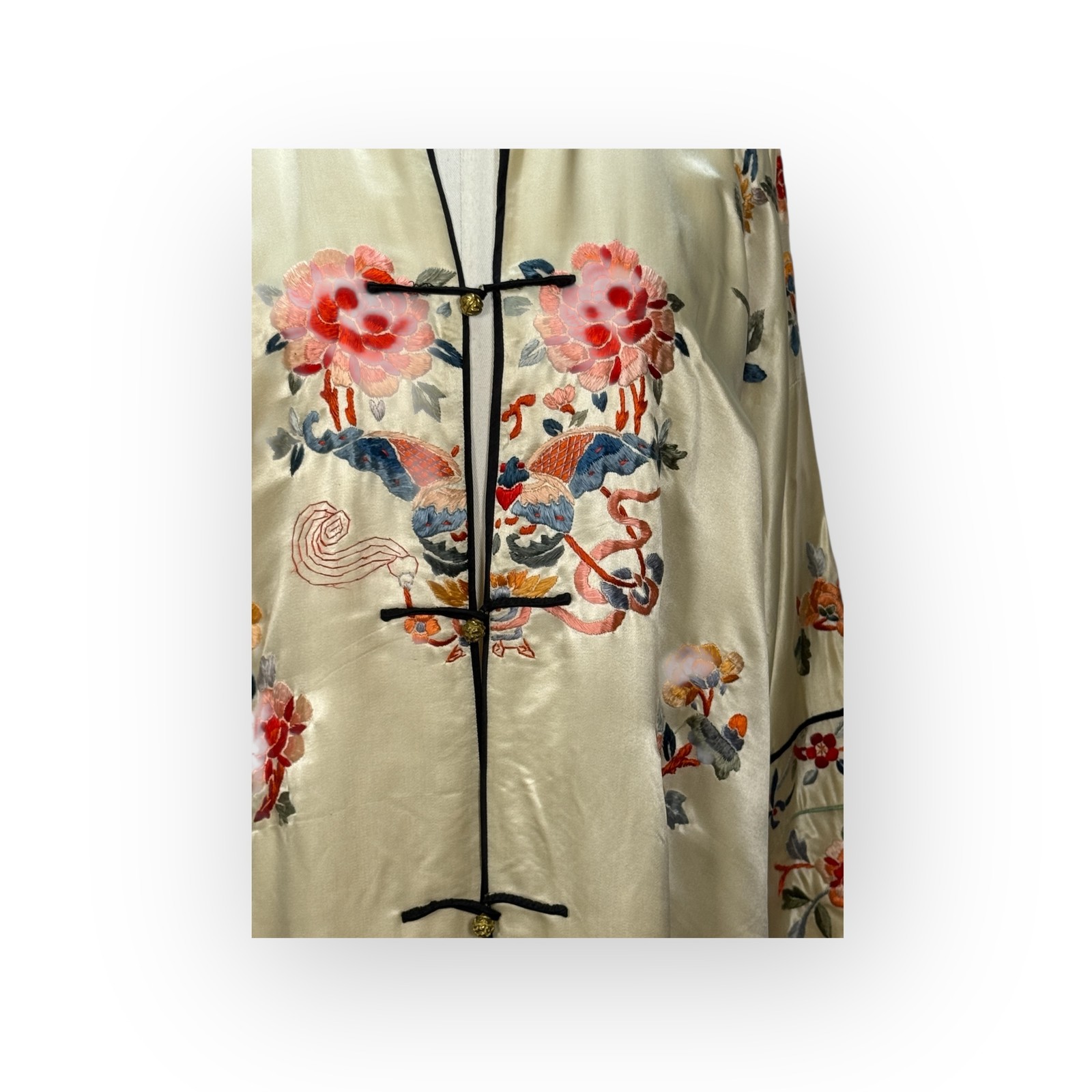 Antique 1920’s Chinese Silk Embroidered Ornate Brass Buttons Butterfly Robe Coat
