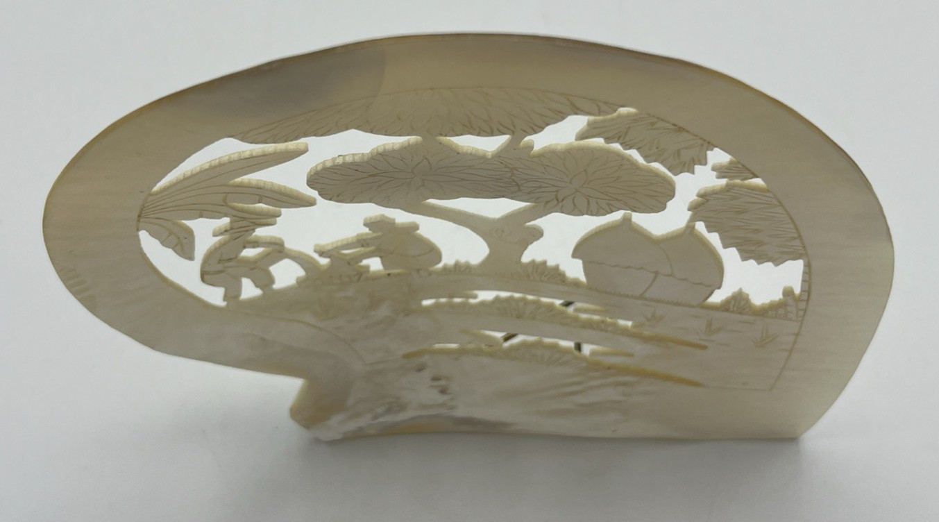 Carved Mother of Pearl Shell Asian Scene with Stand 6″ Tall