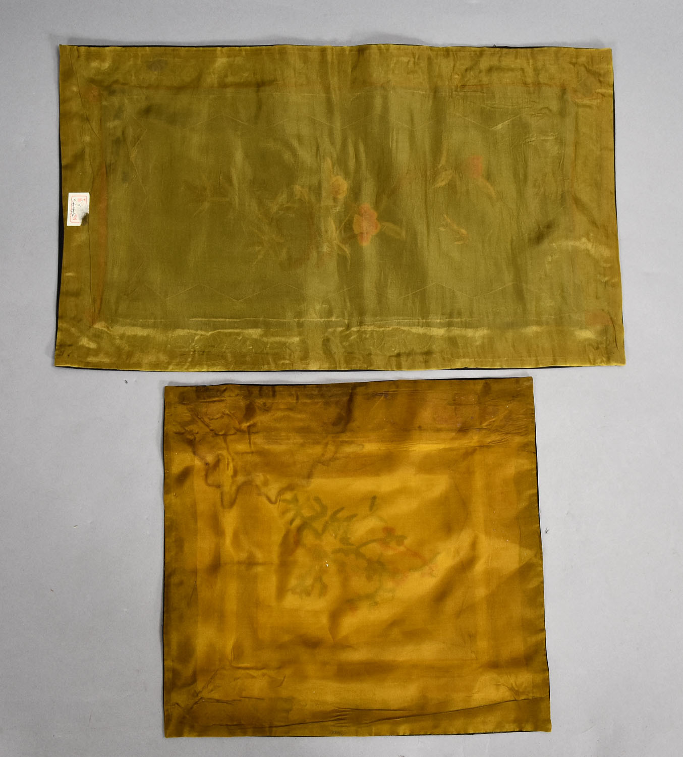 2 Old Chinese Floral Embroidered Silk Pieces w Brocade Borders 17×10 &10×11