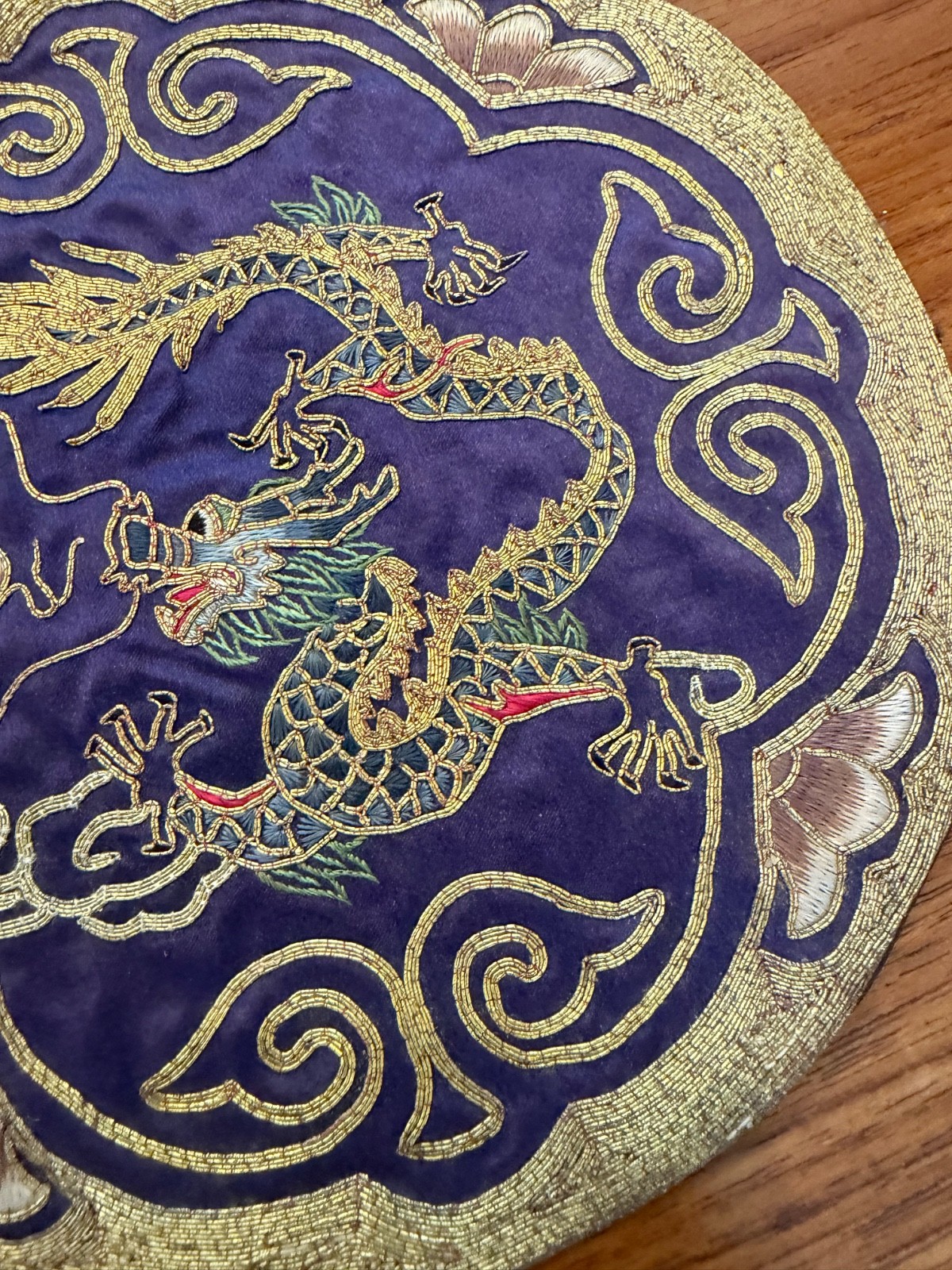 VTG Chinese Golden Cloud Silk Hand Embroidered Dragon purple Mat Doily Art Piece
