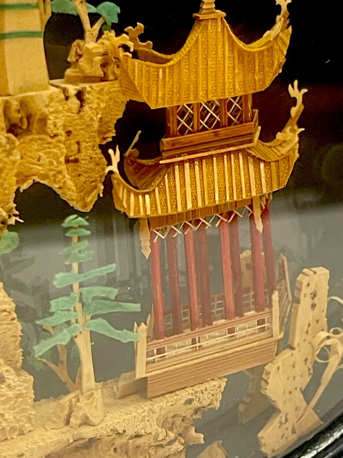 VTG PERFECT Chinese Cork Carving Lattice Pavilion Diorama Black Lacquer Frame