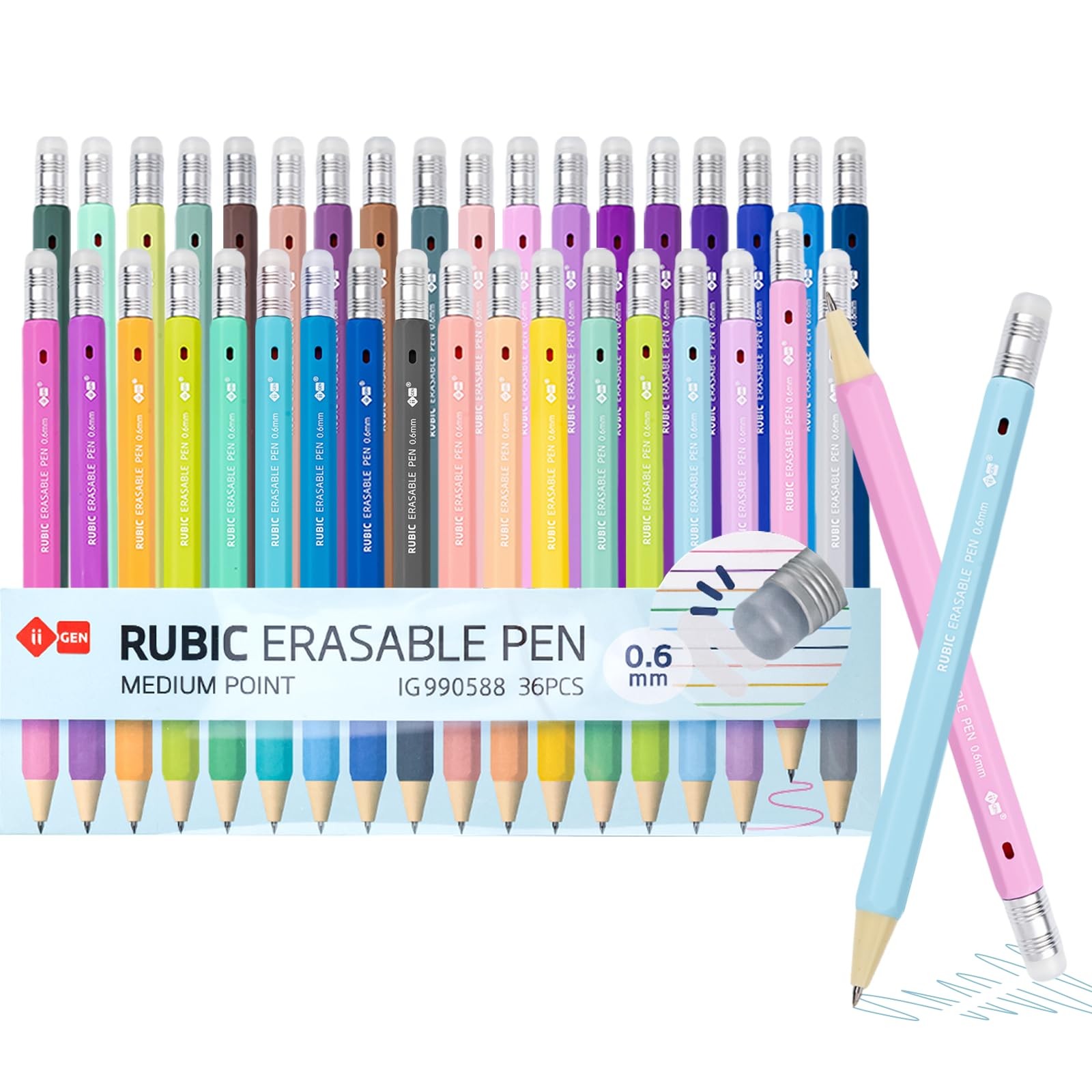 RUBIC Erasable Gel Pens Set, 36 Assorted Pastel Colors, 0.6mm Retractable Twi…