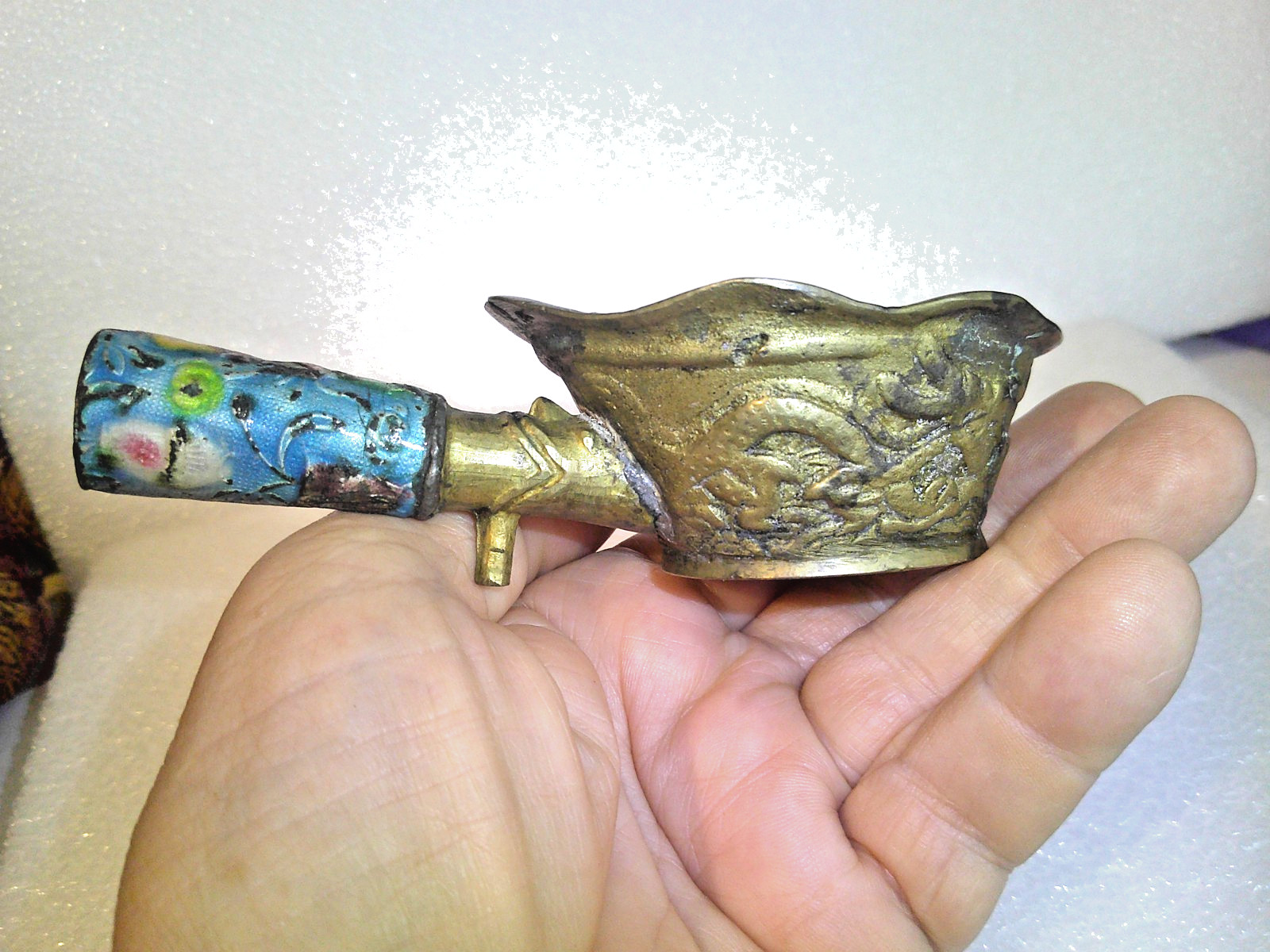 VINTAGE BRASS CHINESE CHARCOAL IRON ENAMEL HANDLE