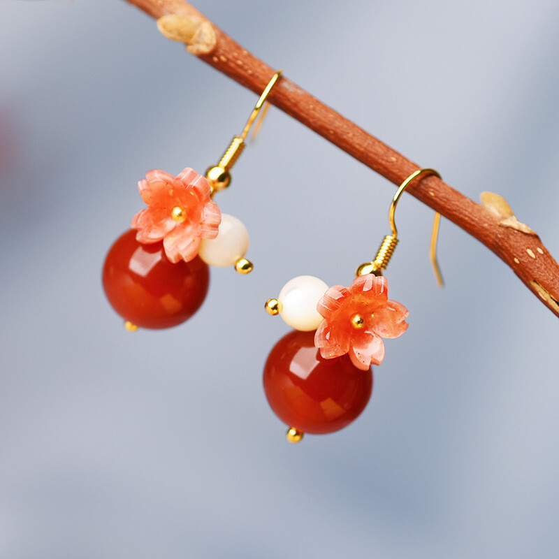 China Agate/Coloured Glaze Flower Tibetan Style Exquisite Earbob Earrings