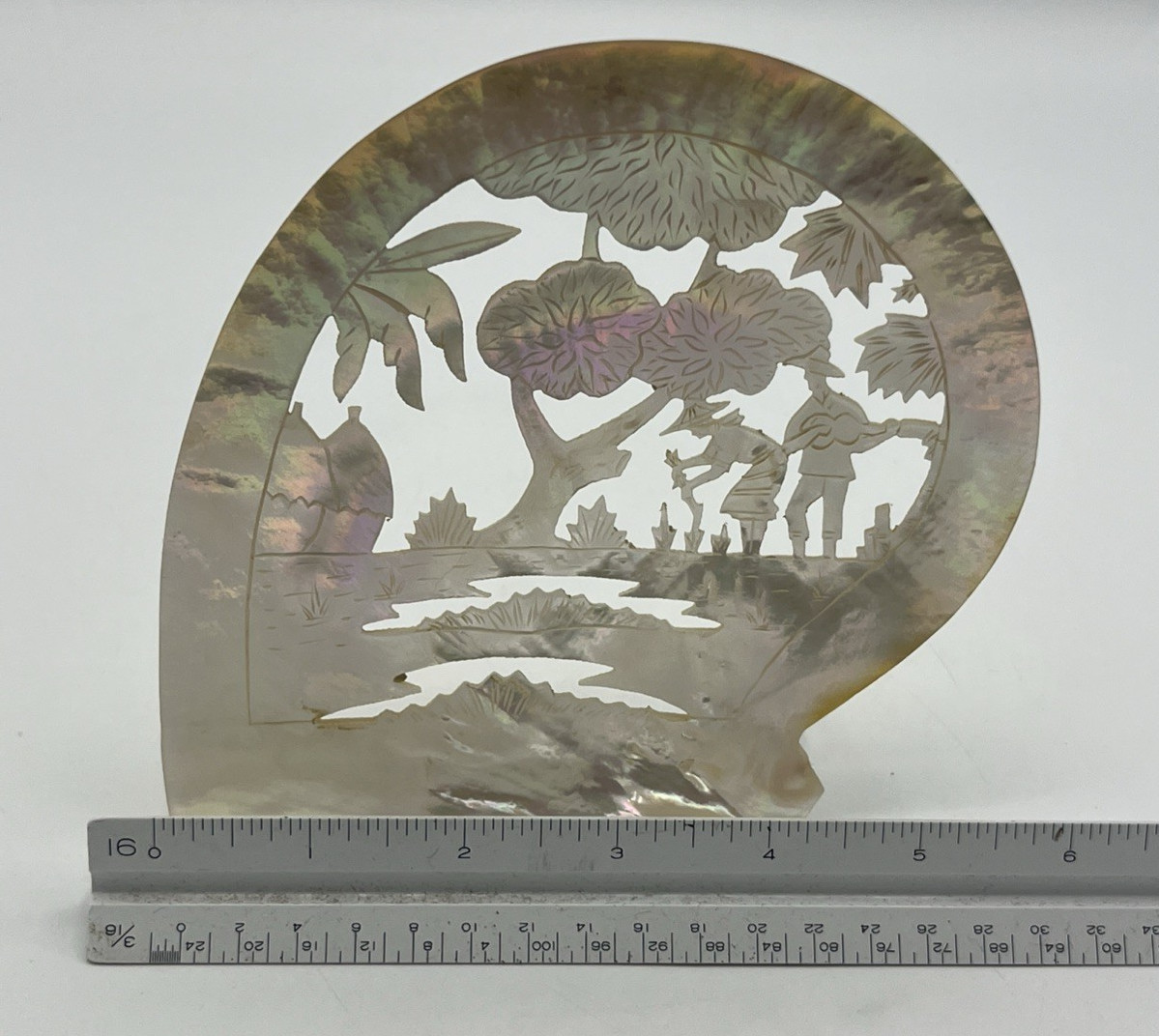 Carved Mother of Pearl Shell Asian Scene with Stand 6″ Tall