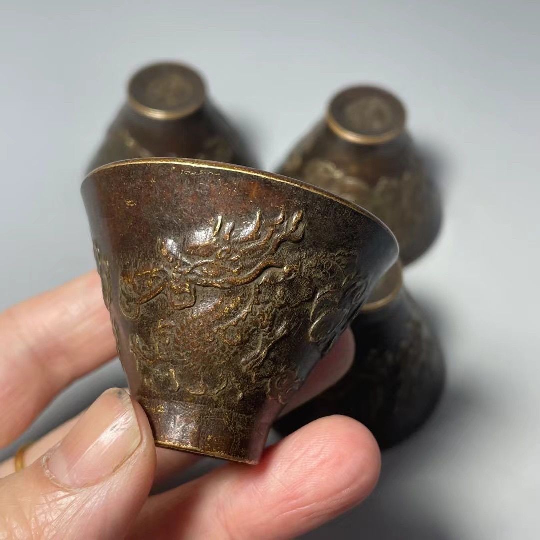 Antique Alloy Dragon Wine Cup 5cm Caliber Douli Cup Vintage Collectible Decor