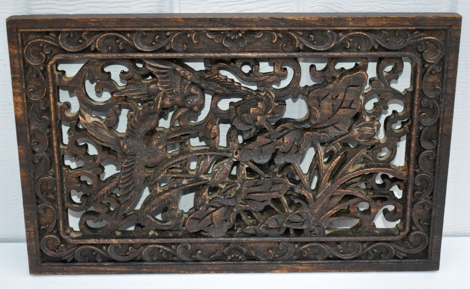 Vintage Hand Carved Chinese Plaque with Birds & Floral Details