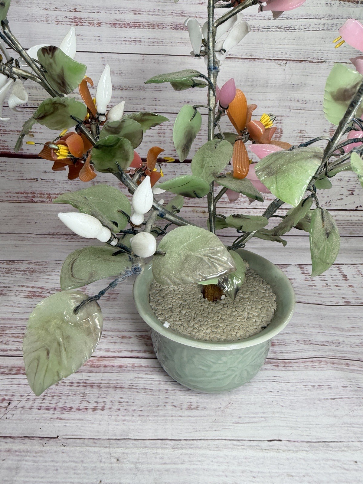 Vintage Japanese Chinese Asian Jade Glass Flowering Bonsai Tree 16”x12” Wide