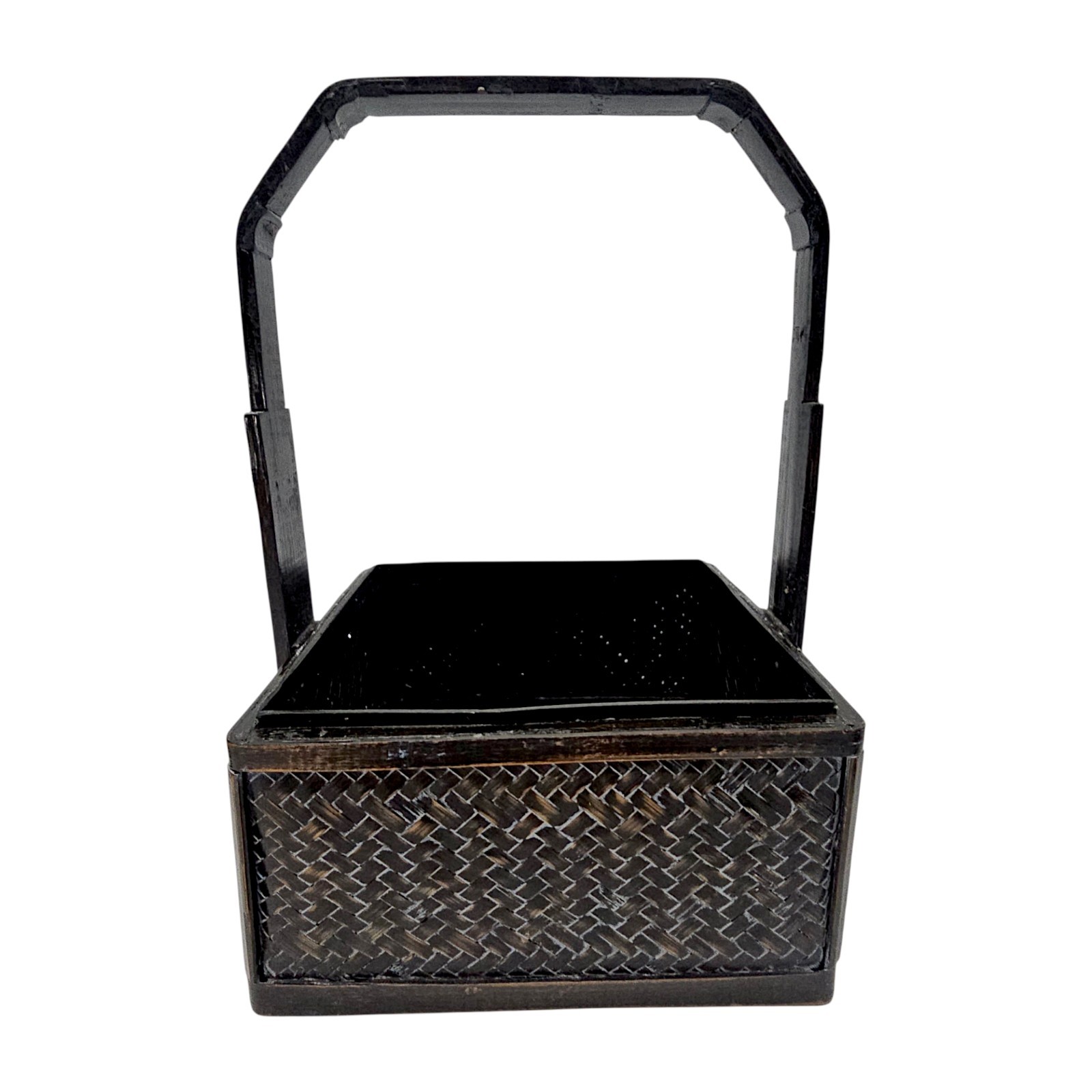 Vintage Chinese Wedding Basket Black Lacquer Woven Bamboo Export 13″ PRC