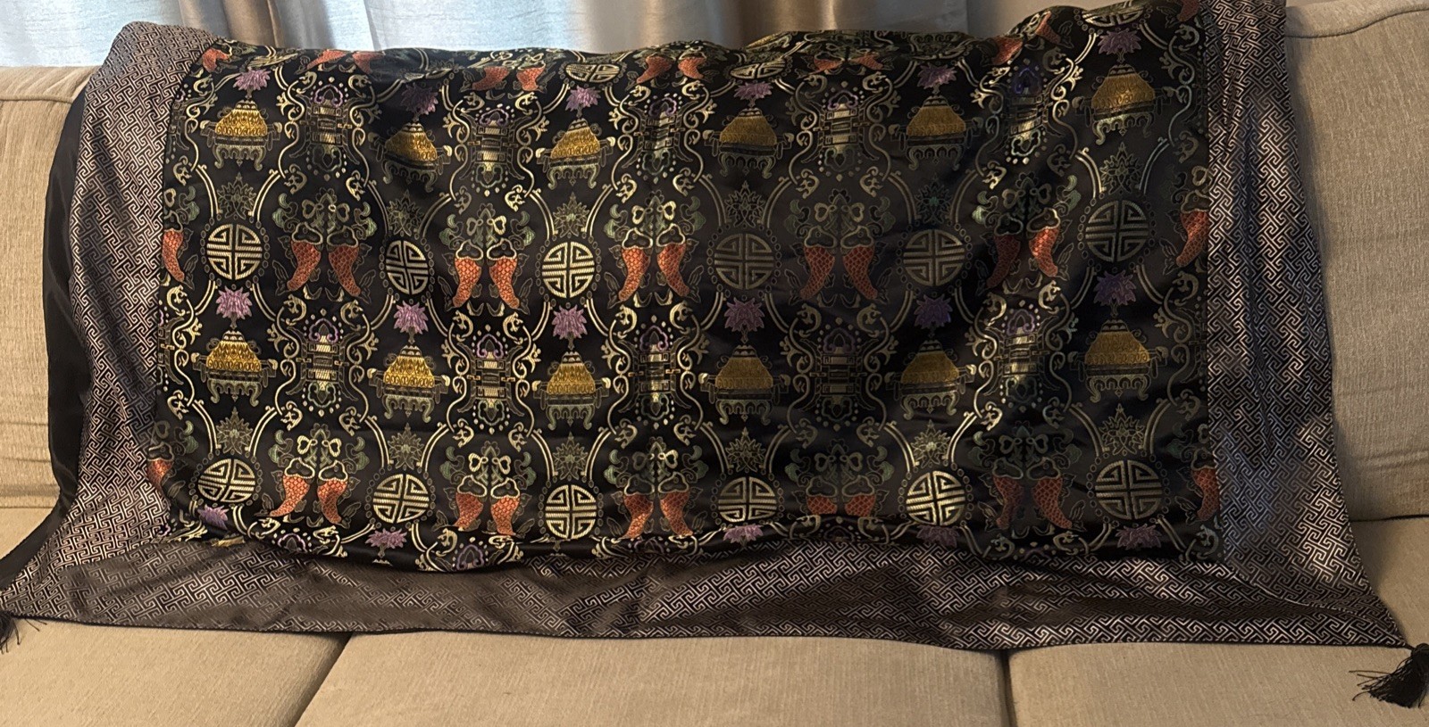 Vintage Chinese Silk Brocade Tablecloth/ Bed Cover Koi Fish Black Gold 74×54.4