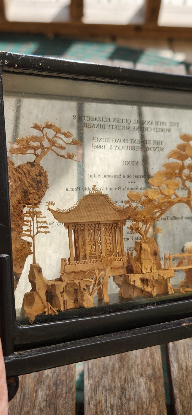 Vintage Hand-Carved Chinese Cork & Wood Diorama Encased In Glass & Wood Stand