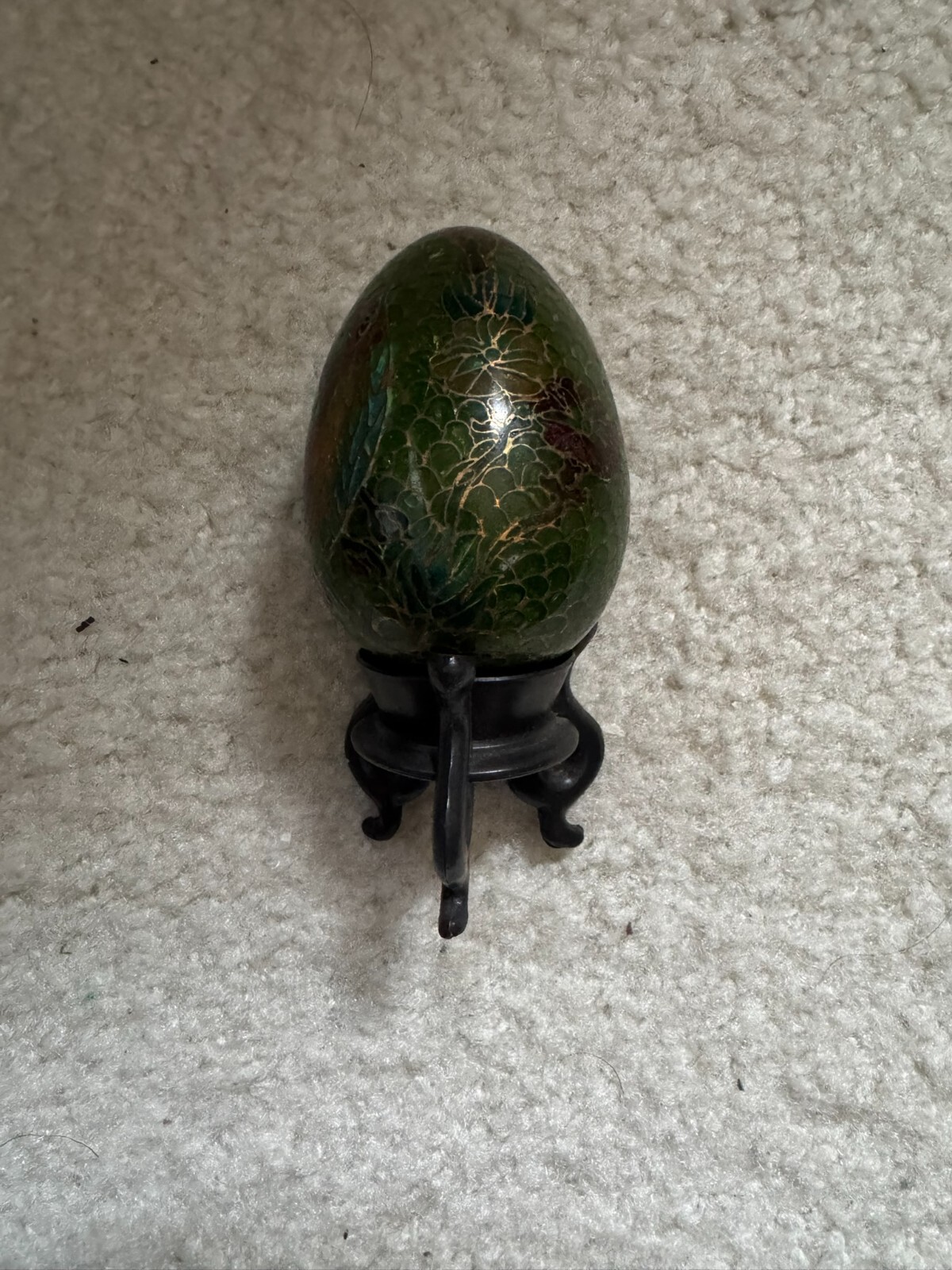 Vintage 1980s Chinese Translucent Cloisonne Egg with Pedestal Stand (3-1/2″H)