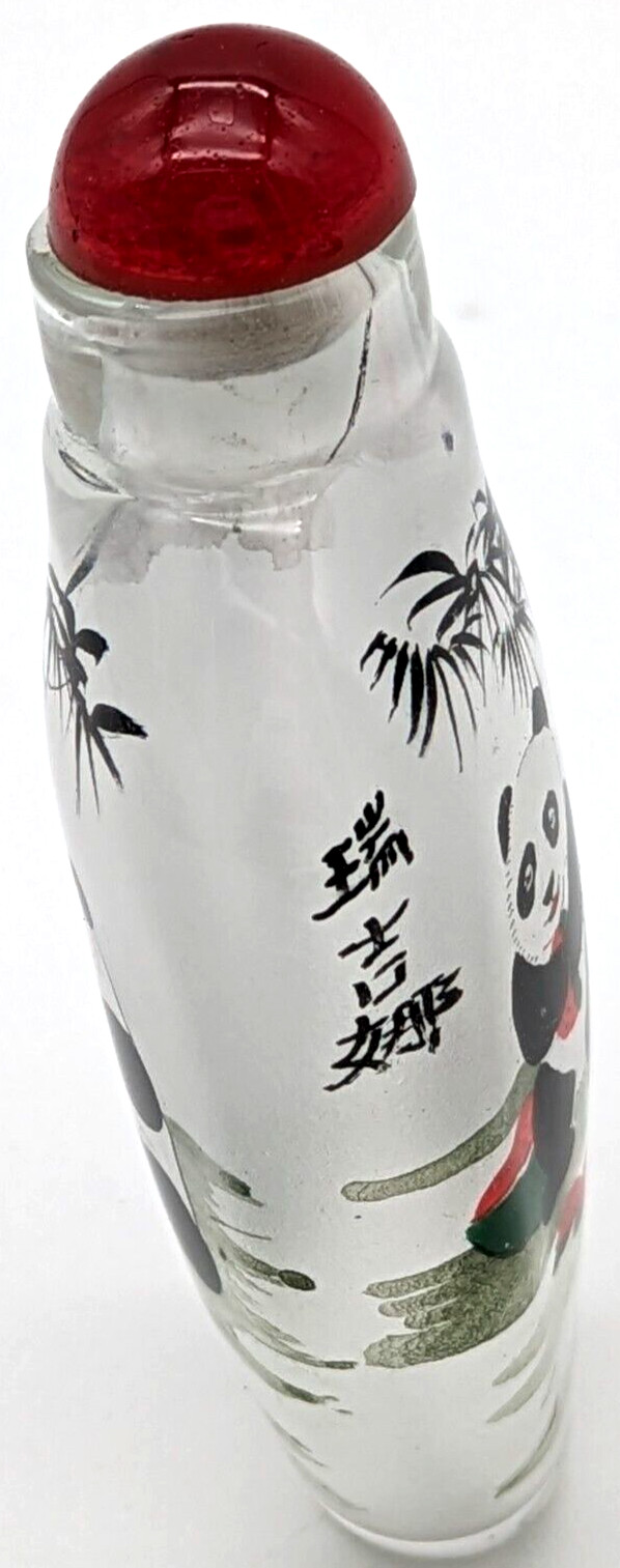 Vintage Chinese Reverse Painted Glass Snuff Bottle Pandas