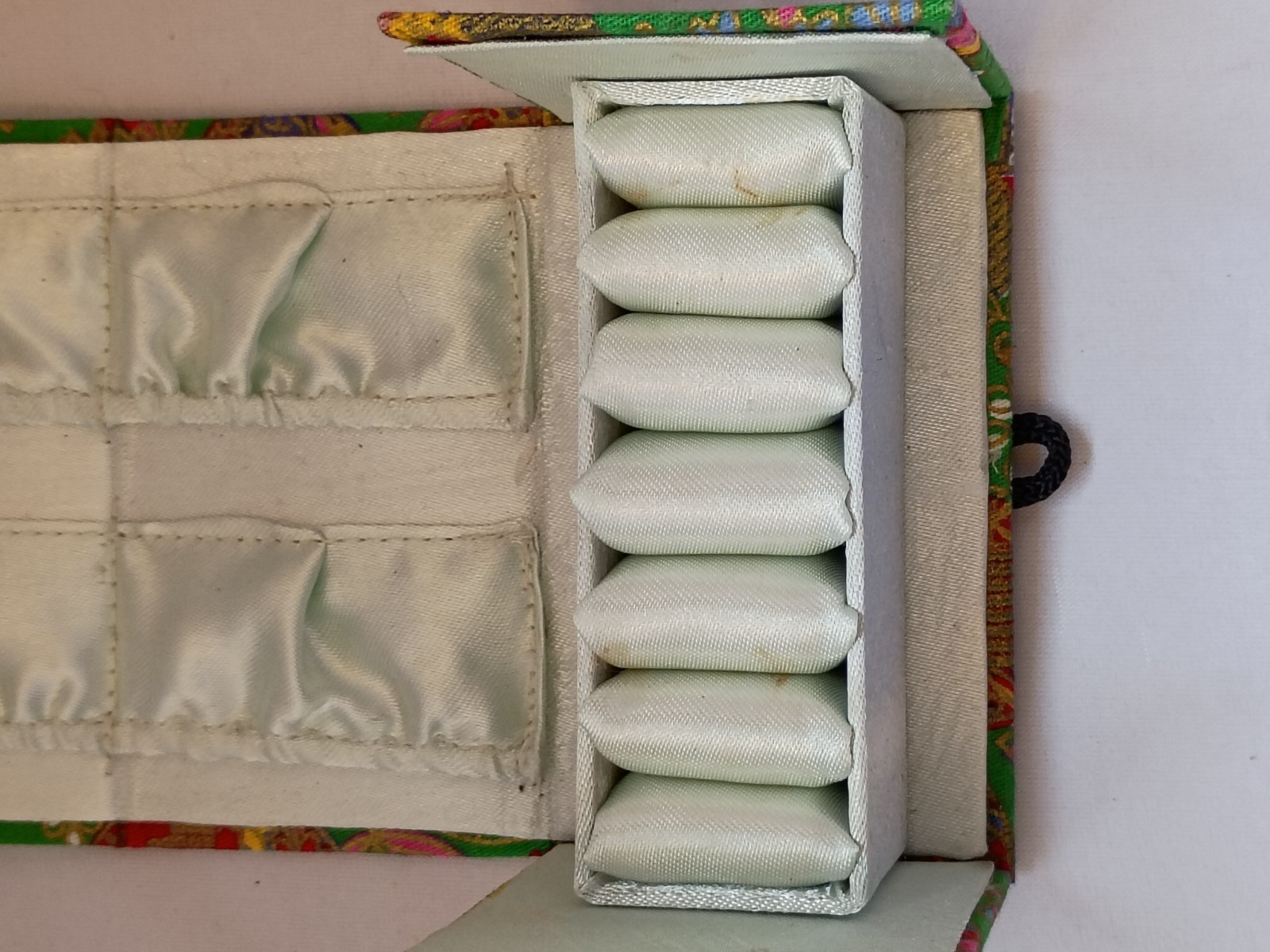 Asian Treasure or Jewelry Box Green Silk Brocade Fabric Rings Earrings Flowers